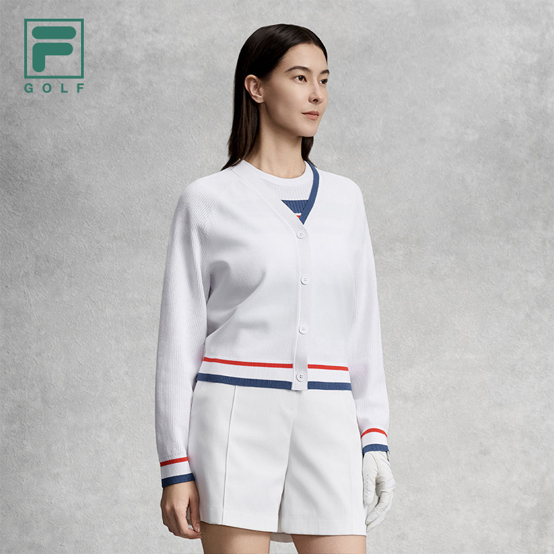 FILA 斐乐官方女士编织外套2026夏新款高尔夫运动舒适V领开