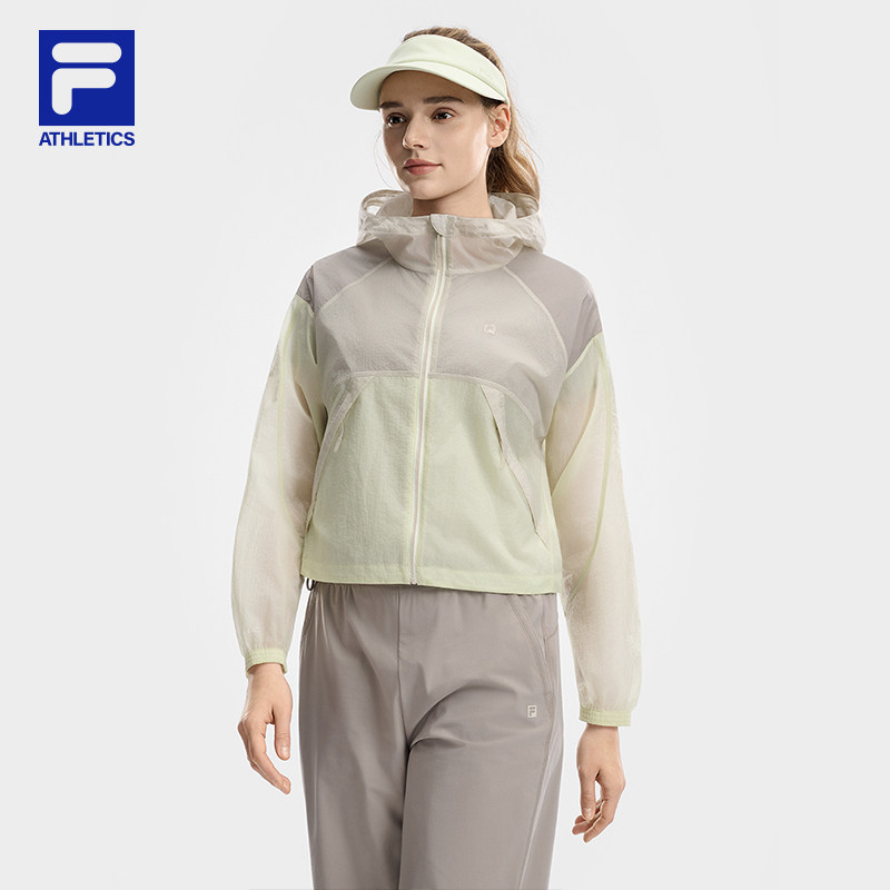 FILA 斐乐官方女士梭织外套2026夏新款健身运动宽松拼色连帽上衣