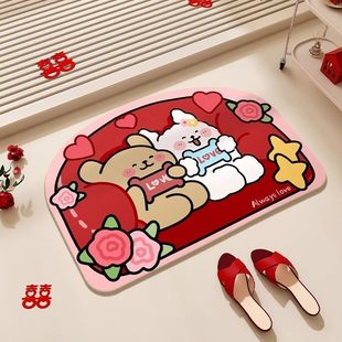 线条小狗结婚浴室地垫婚礼红色吸水硅藻泥卧室厕所卫生间门口脚垫