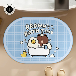 LINE布朗熊浴室地垫纳帕皮吸水皮革卫生间垫子厕所踩脚硅藻泥垫子