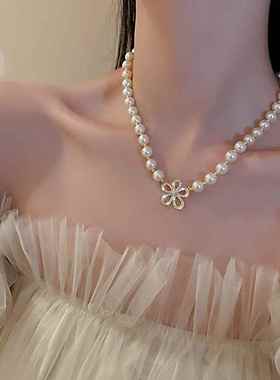 少女与花酱 韩系珍珠镶钻花朵项链颈链个性锁骨链时尚气质项饰女