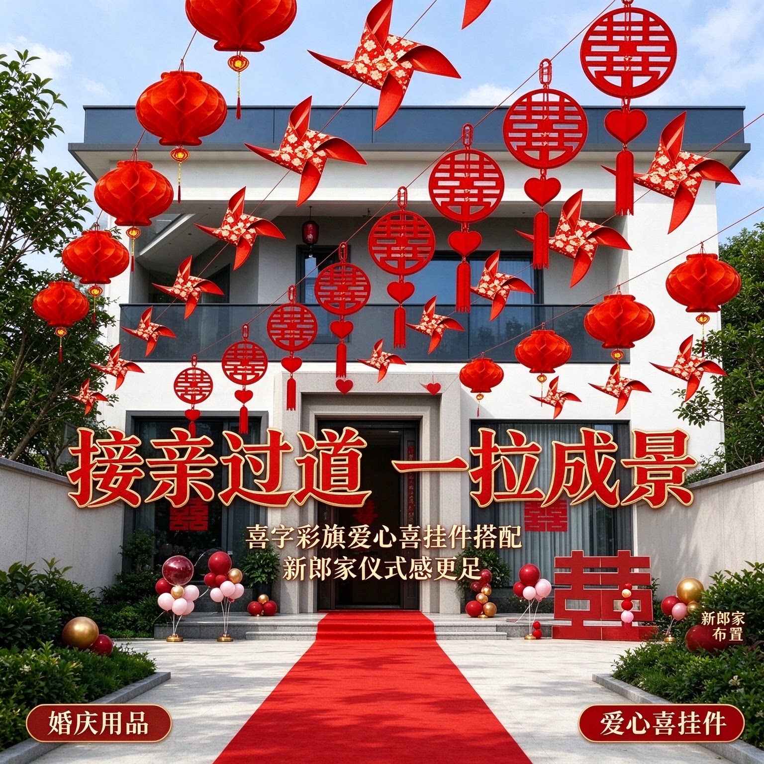 结婚喜字彩旗新郎家大门口爱心喜挂件2026新款婚礼布置装饰用品