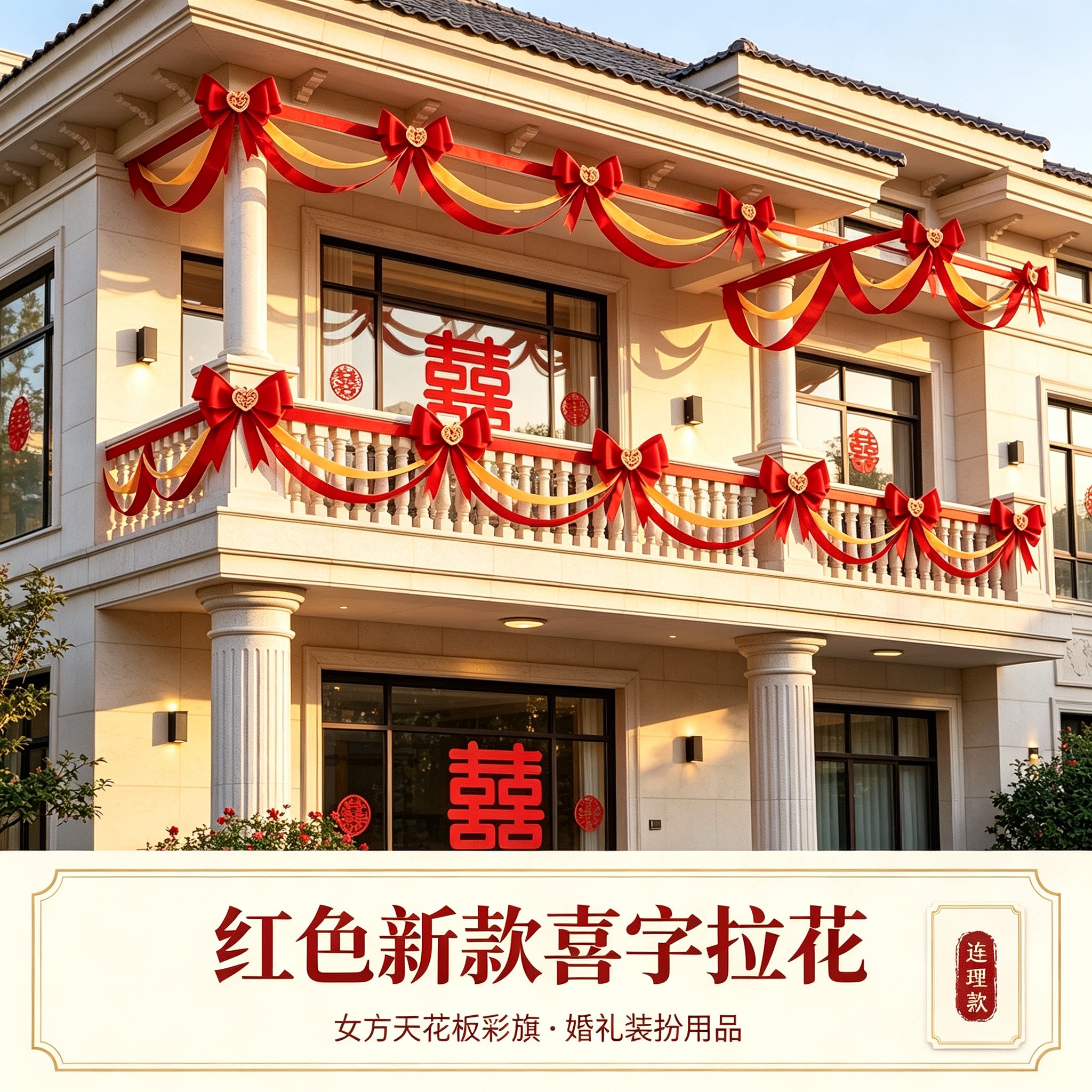 婚房装饰女方天花板彩旗红色新款喜字农村自建房婚礼装扮拉花用品