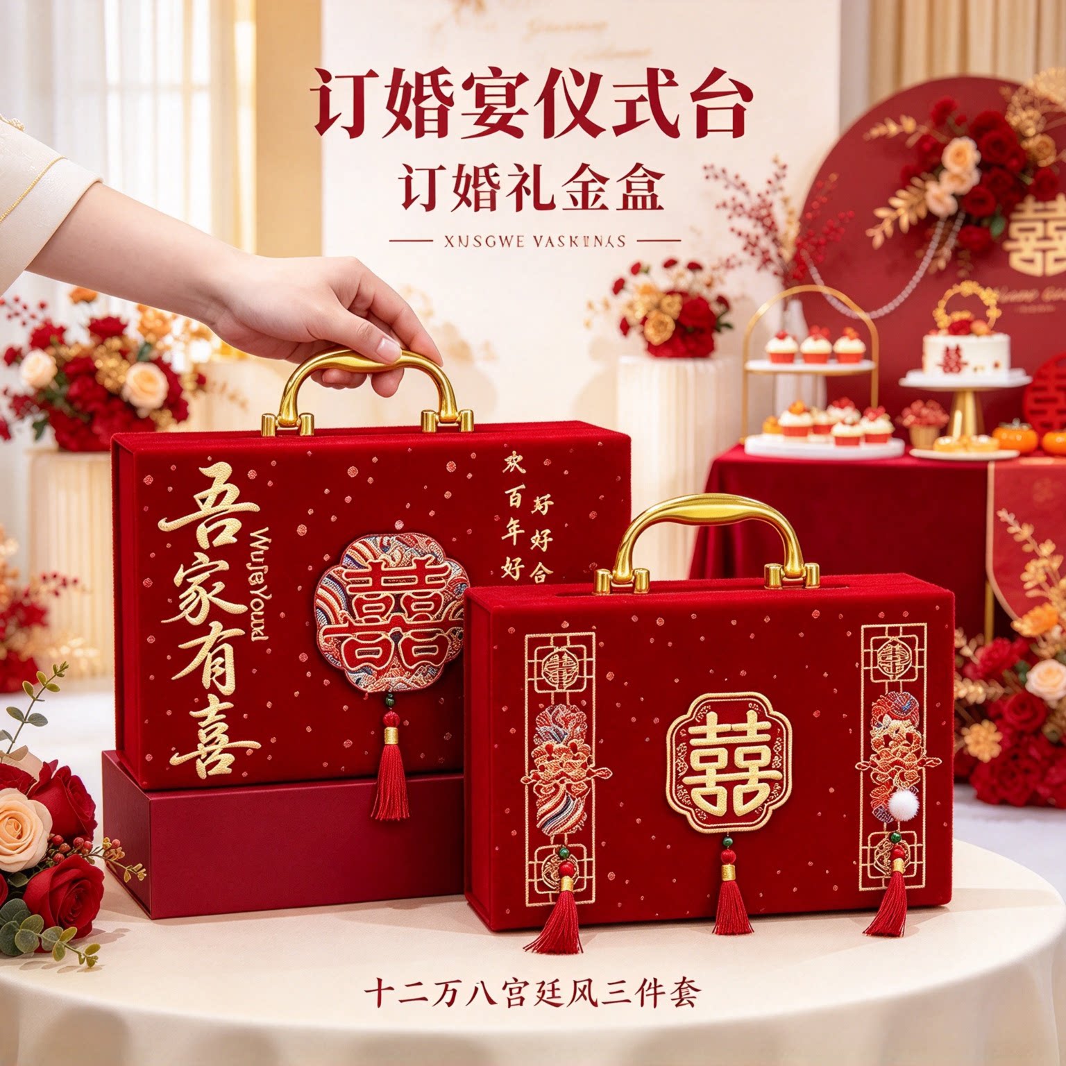 彩礼现金礼盒提亲用十二万八宫廷风三件套男方上门下聘大红钱盒子