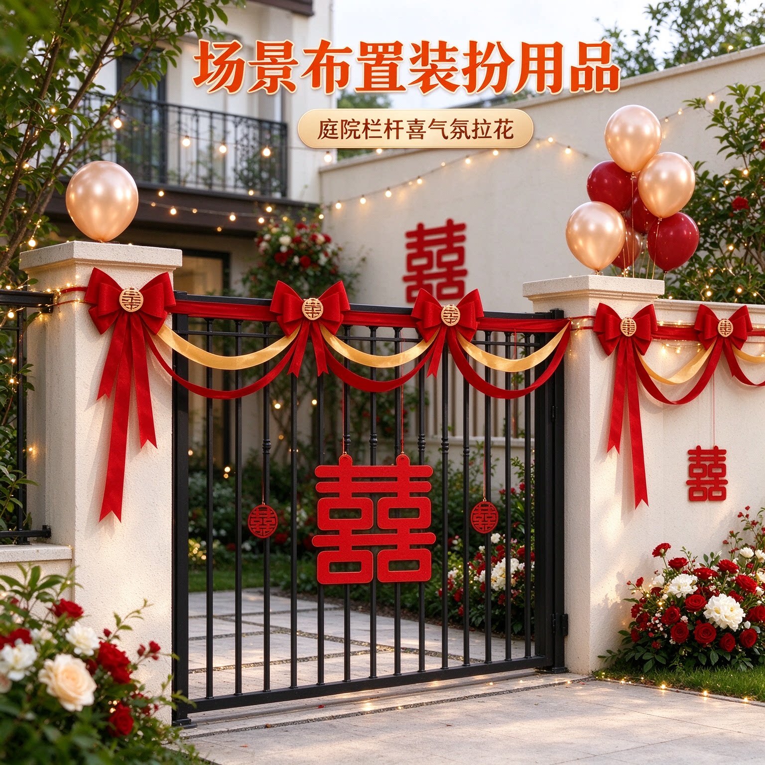 婚房拉花男方台阶波浪旗创意蝴蝶结喜字楼梯扶手场景布置装扮用品