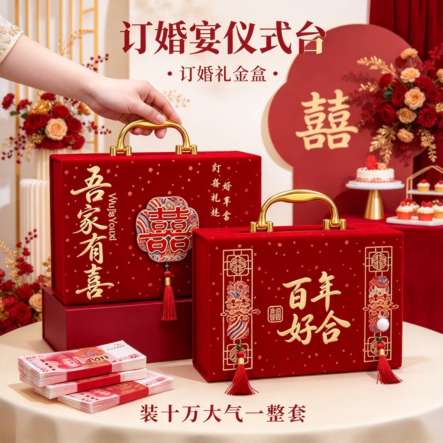 结婚彩礼箱礼金盒装十万大气一整套男方上门下聘大红聘礼用品大全