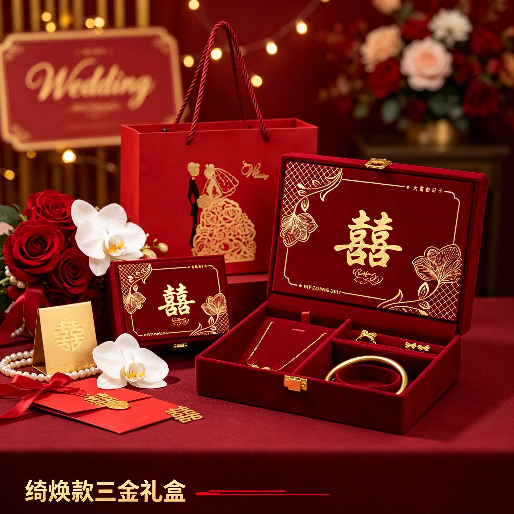 婚礼黄金首饰盒有面子男方金器订婚结婚彩礼钱盒子酒红三金盒
