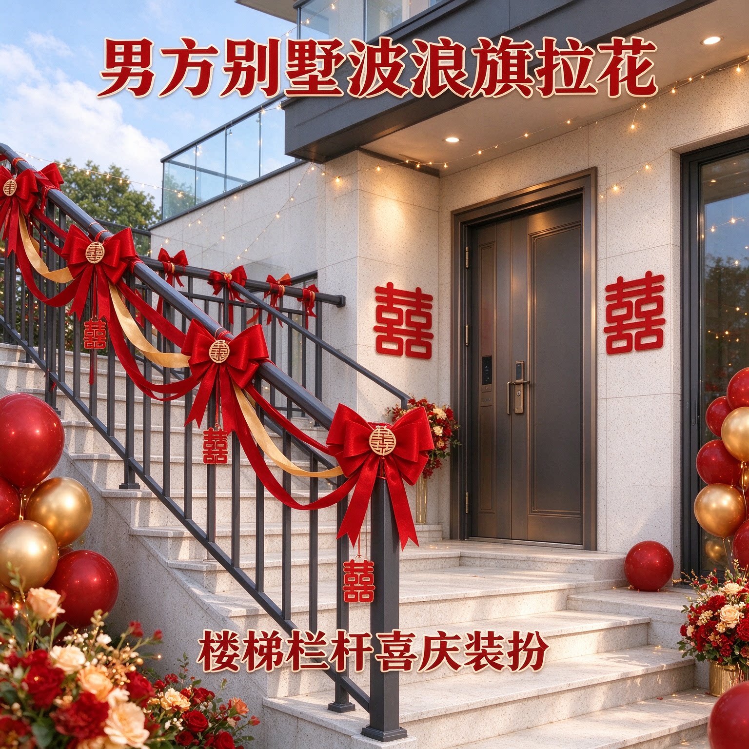 喜字拉花男方别墅波浪旗高级感大红楼道扶手婚庆装饰婚礼布置用品