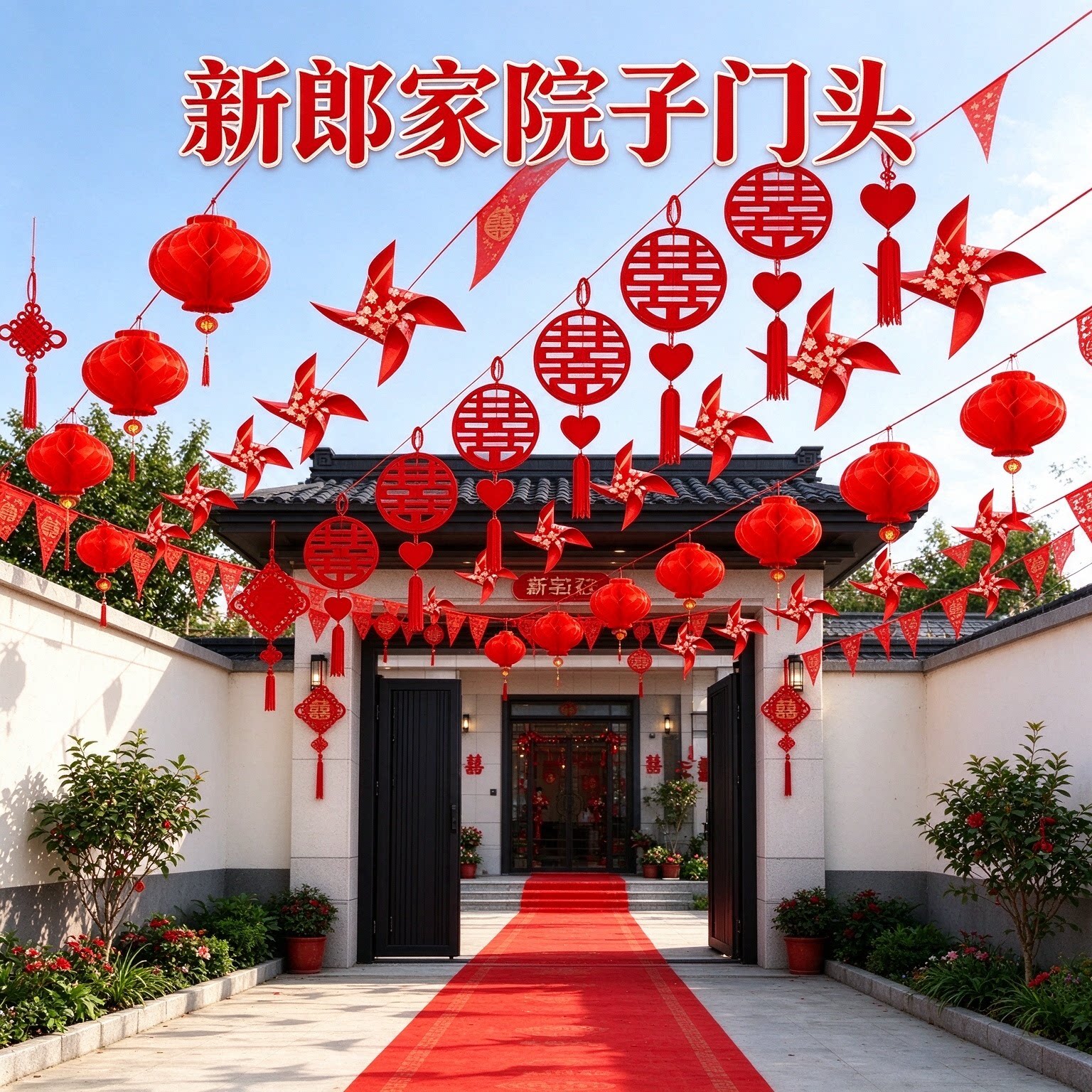 结婚彩带拉花新郎家农村院子爱心喜挂件喜庆大红户外婚礼布置装饰