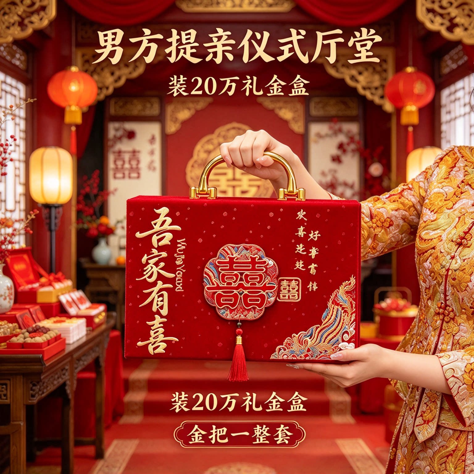 装彩礼钱的礼金盒子可装20万金把一整套提亲仪式红色好礼用品大全
