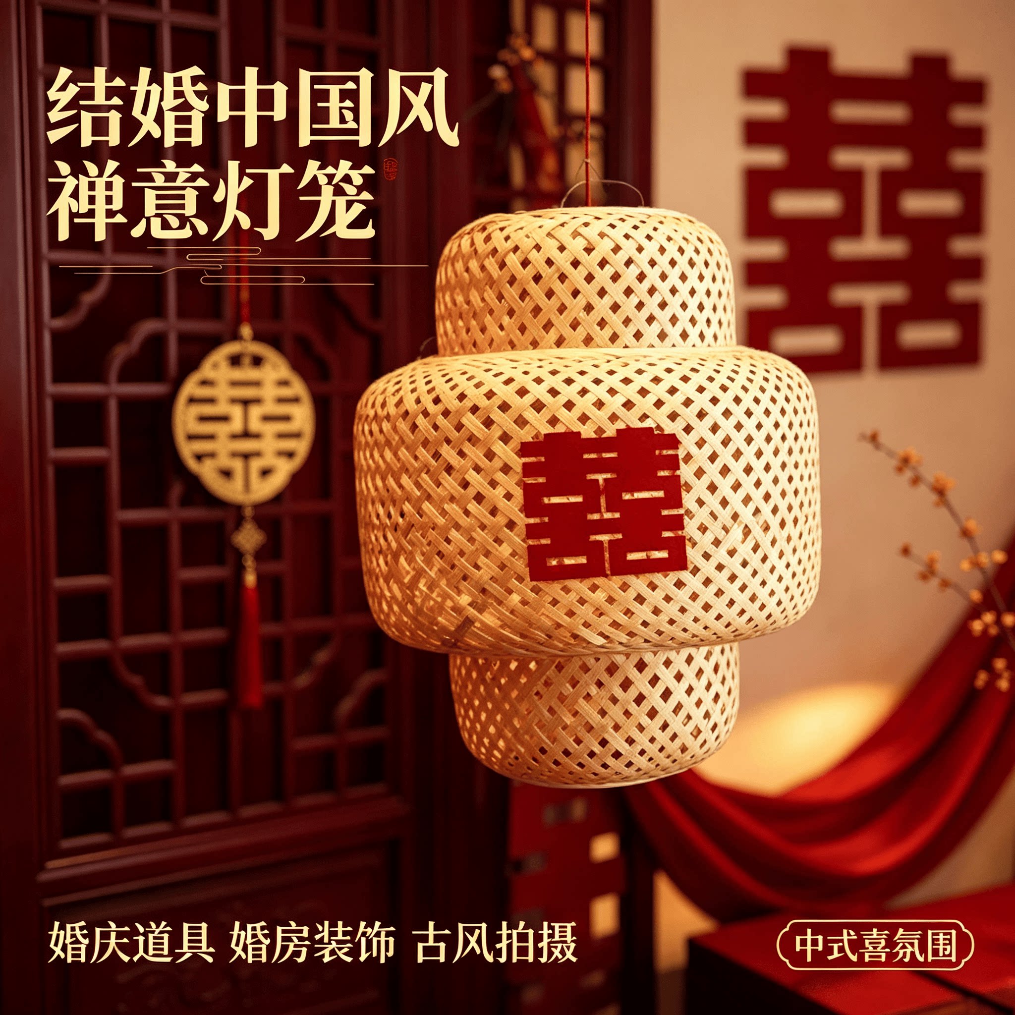 结婚中国风灯笼禅意喜字竹编灯笼