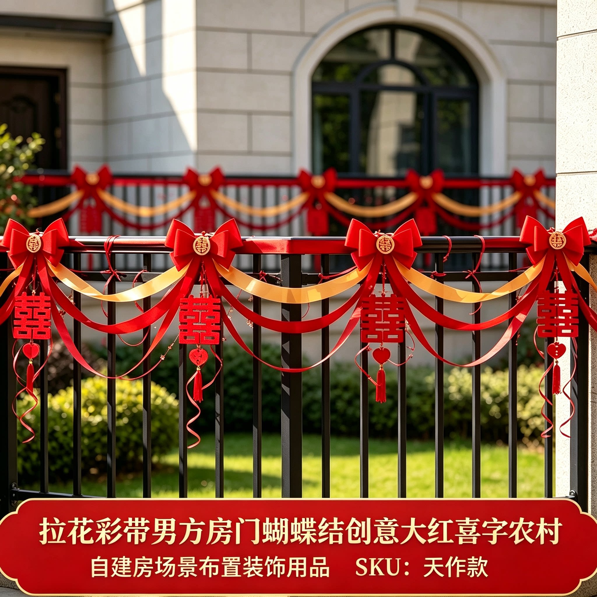 拉花彩带男方房门蝴蝶结创意大红喜字农村自建房场景布置装饰用品