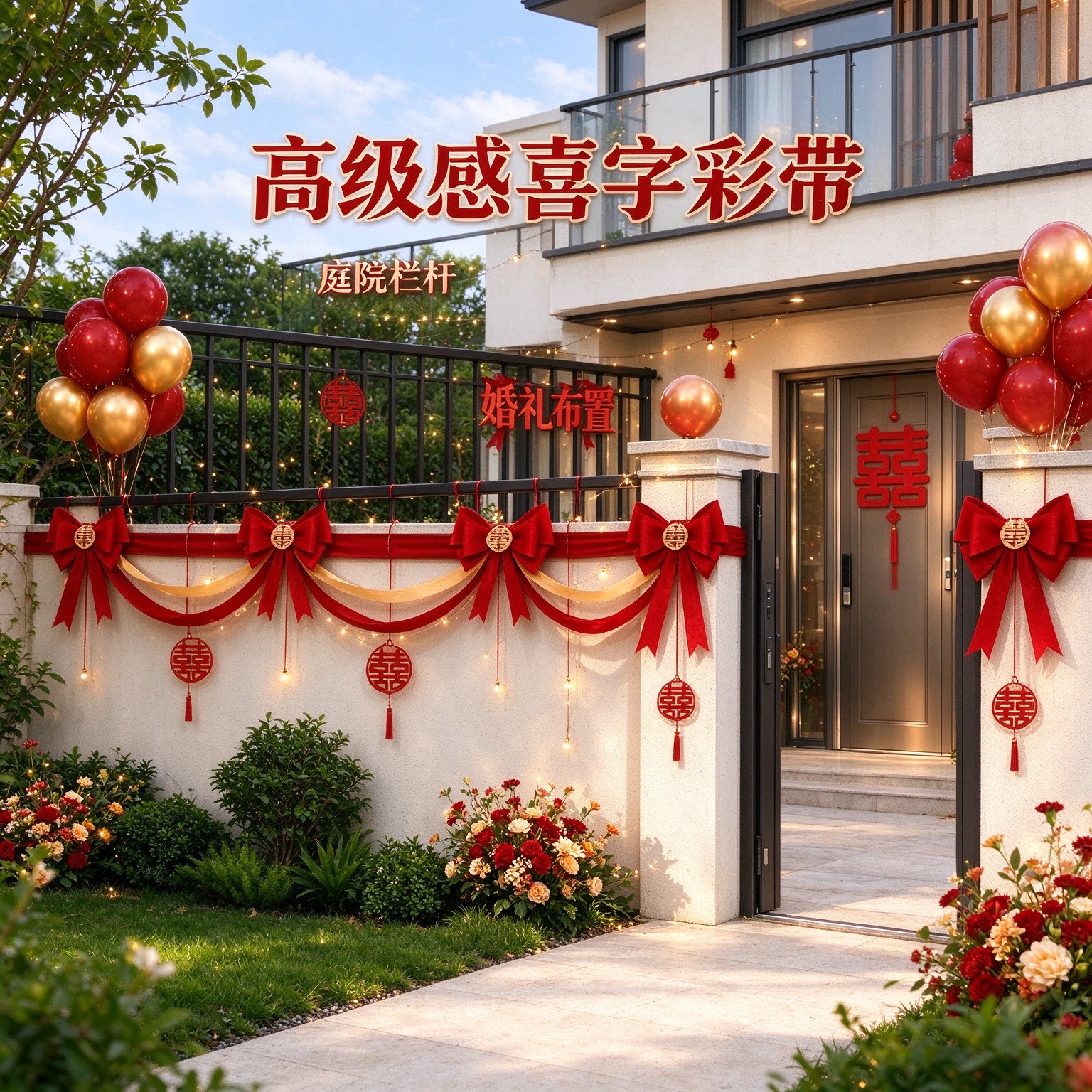 拉花彩带男方楼梯蝴蝶结高级感喜字客厅背景墙婚房装扮婚礼装饰品