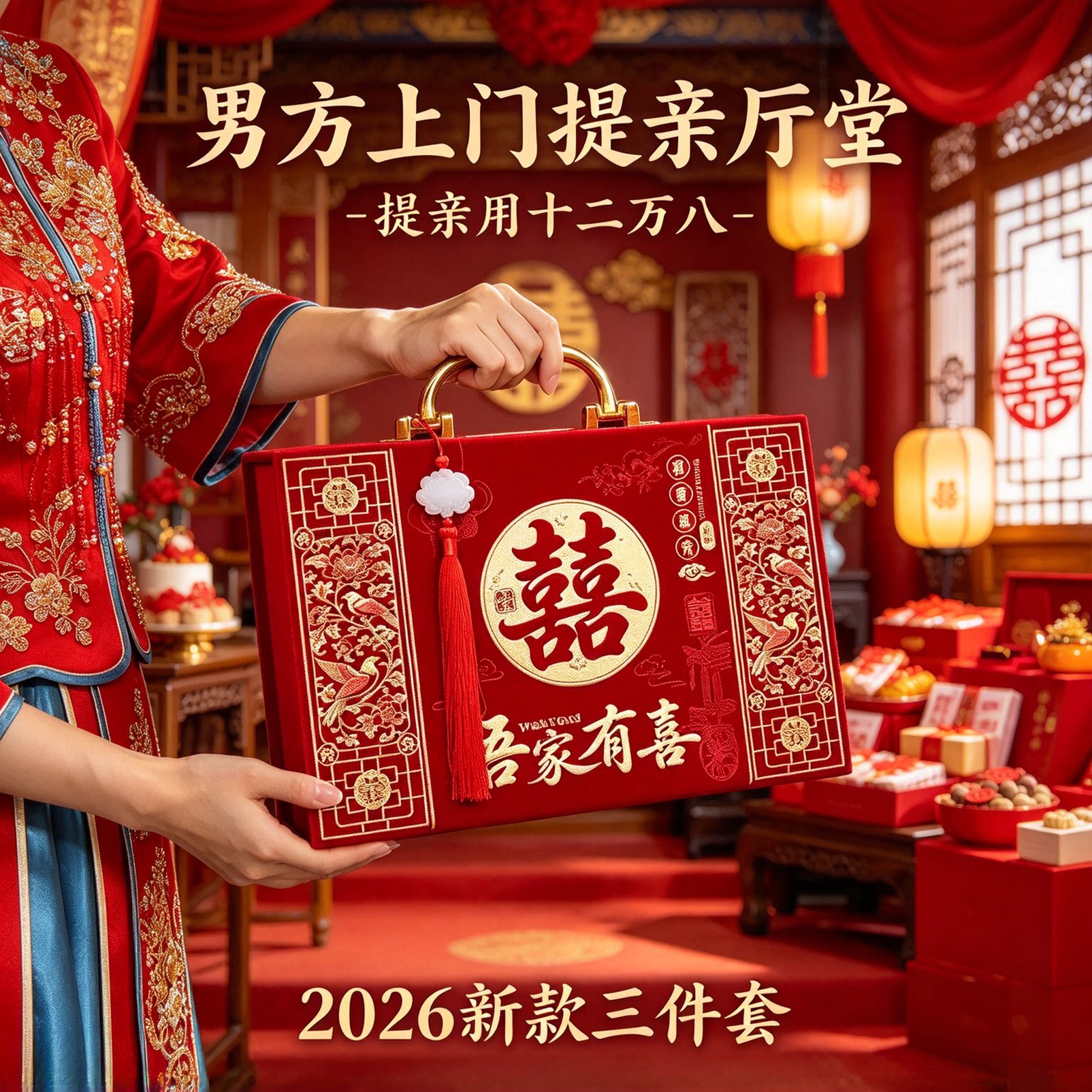 彩礼现金礼盒提亲用十二万八2026年新款三件套嫁女大红吉礼钱盒子