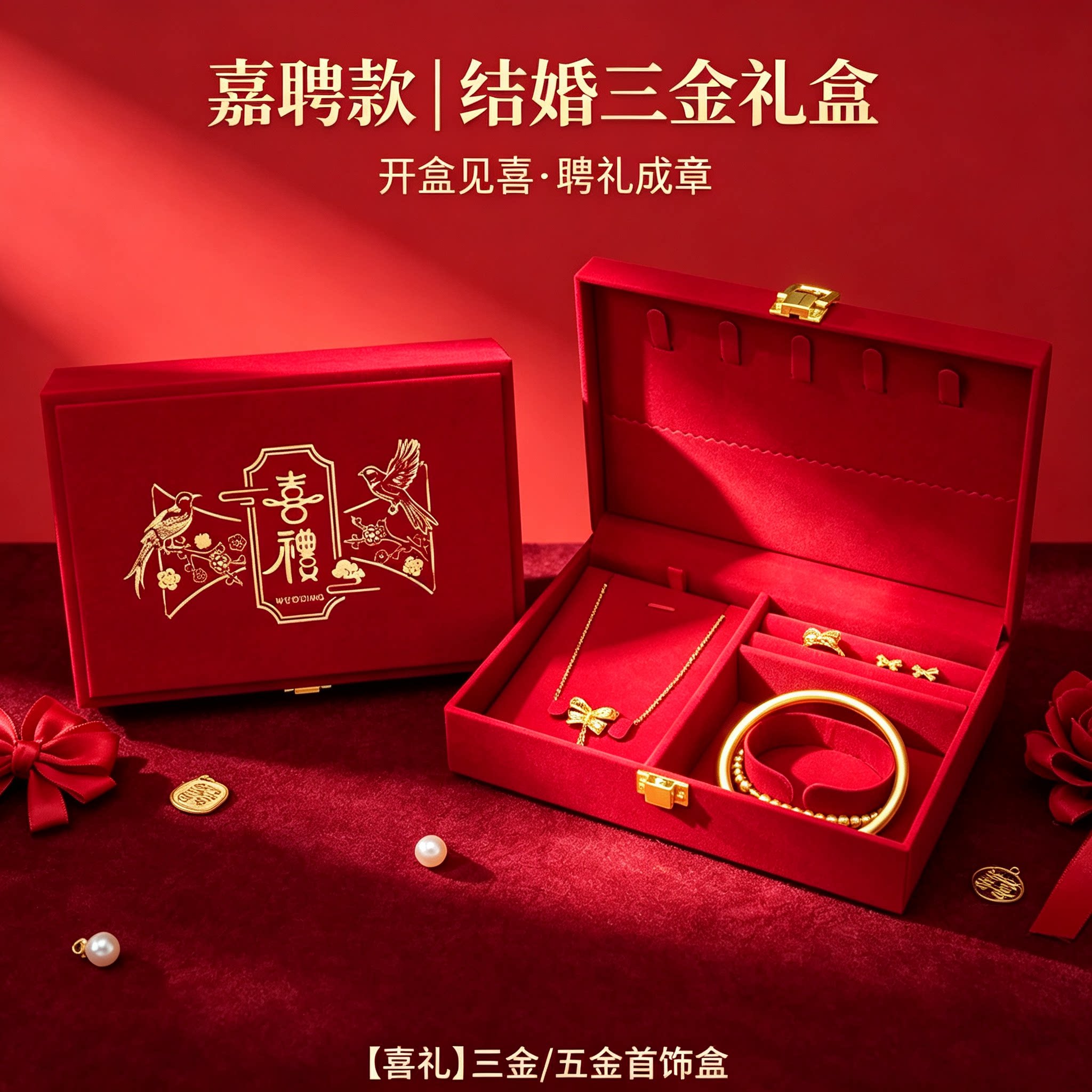 酒红黄金首饰盒内衬柔软男方金器订婚结婚彩礼钱盒子婚礼三金盒