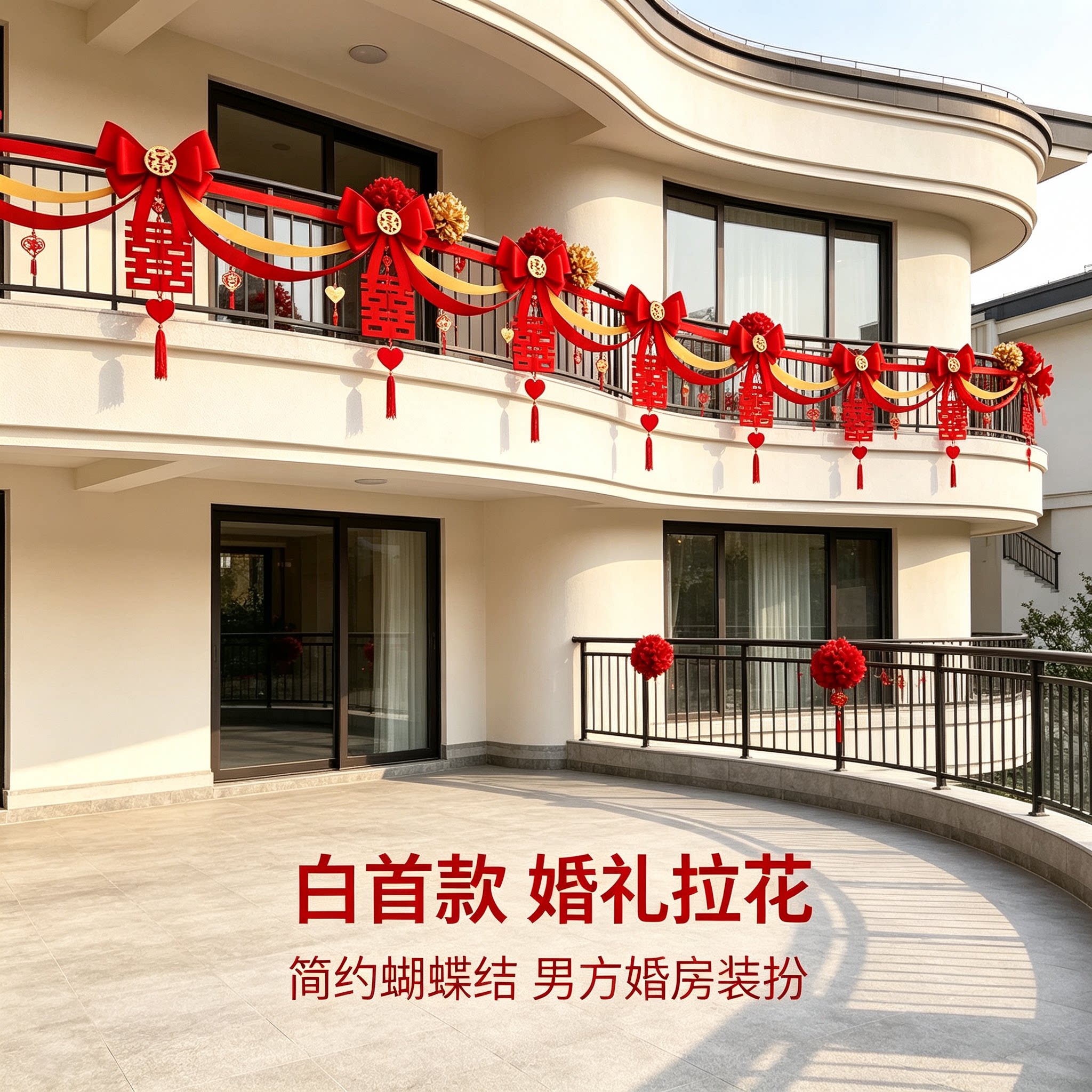 婚礼拉花男方过道蝴蝶结简约大红喜字沙发背景墙婚房装扮装饰用品