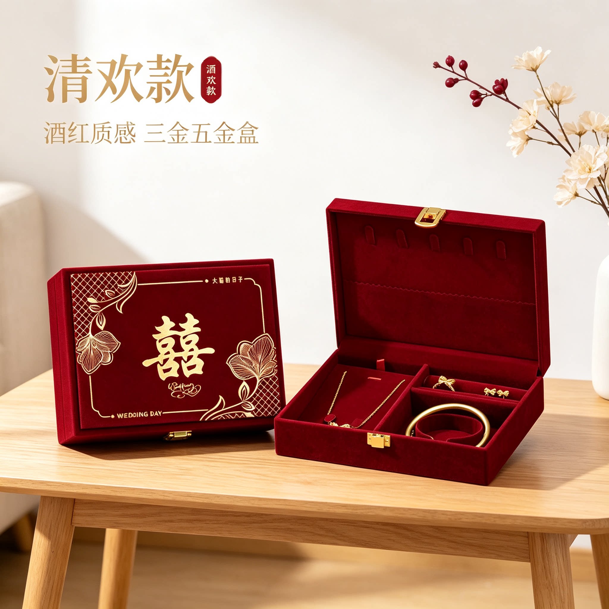 婚礼三金盒男方金器订婚结婚彩礼钱盒子酒红质感黄金首饰五金盒