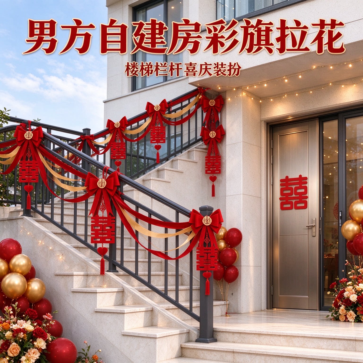 拉花彩带男方自建房彩旗高级感大气客厅背景墙婚房装扮婚礼装饰品