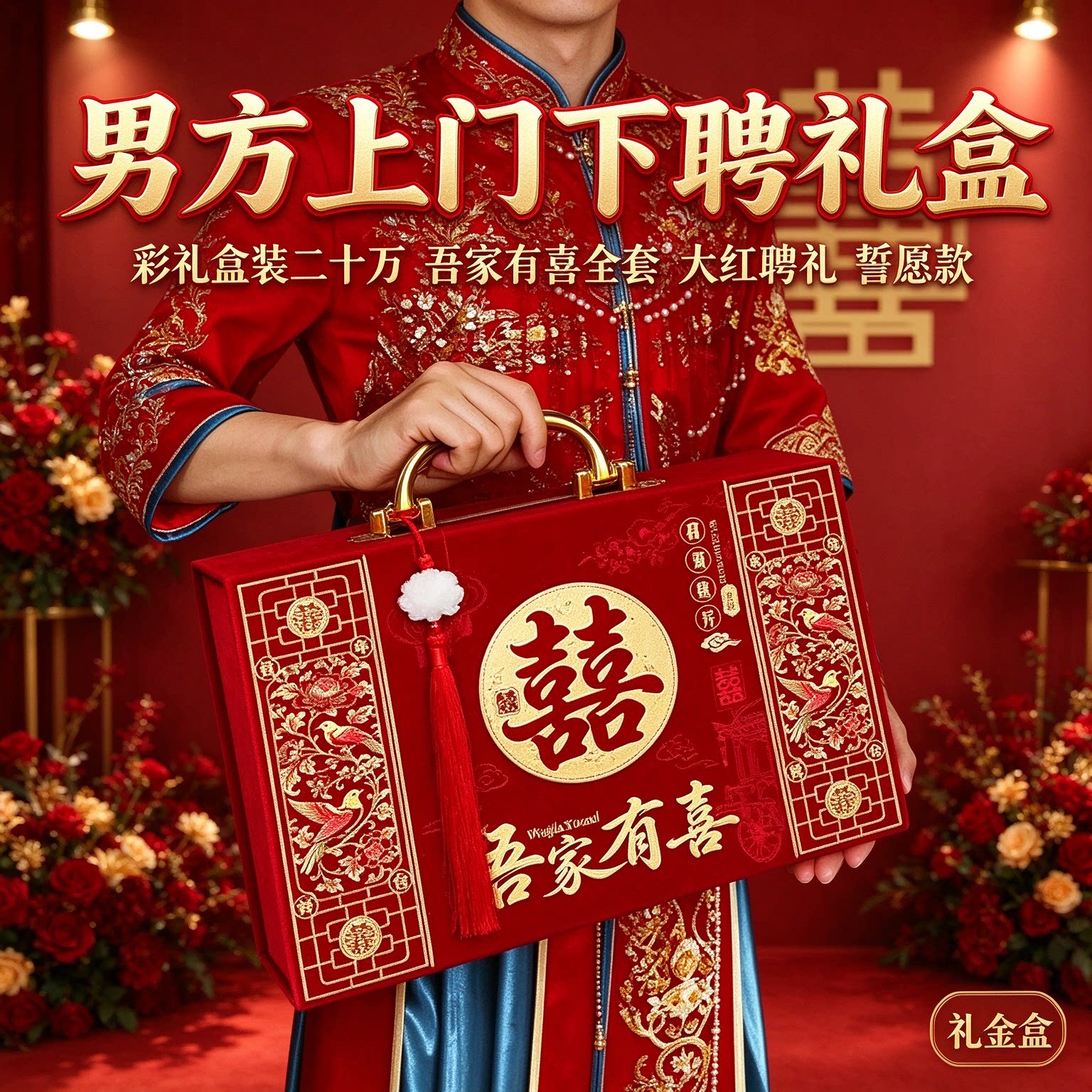 礼金盒彩礼盒装二十万吾家有喜全套男方上门下聘大红聘礼用品大全