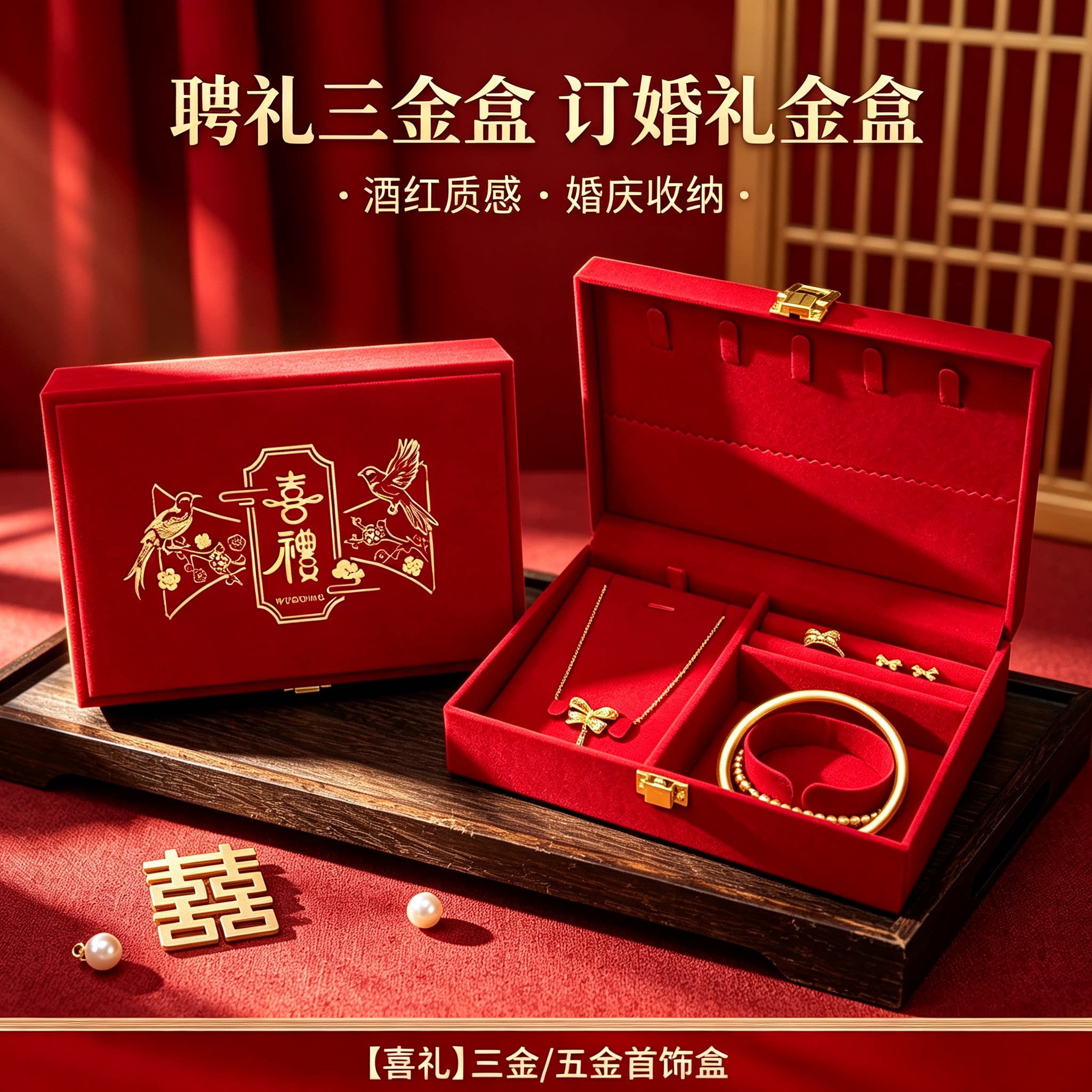 订婚黄金首饰盒聘礼用男方金器结婚彩礼钱盒子酒红质感五金盒