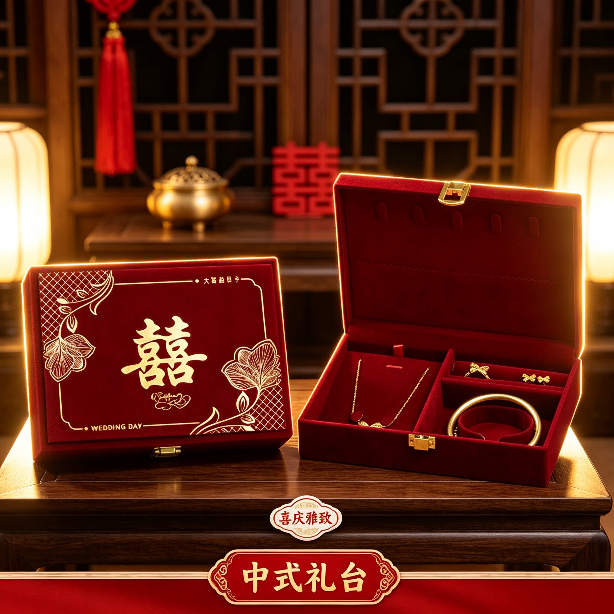 订婚金器盒男方黄金首饰结婚彩礼钱盒子酒红质感婚礼三金五金盒
