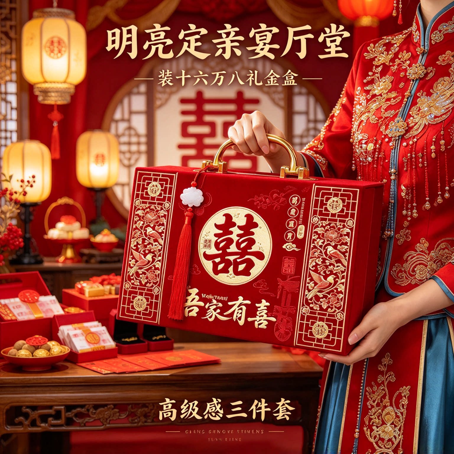 装彩礼钱的礼金盒子十六万八高级感三件套定亲宴大红高档用品大全