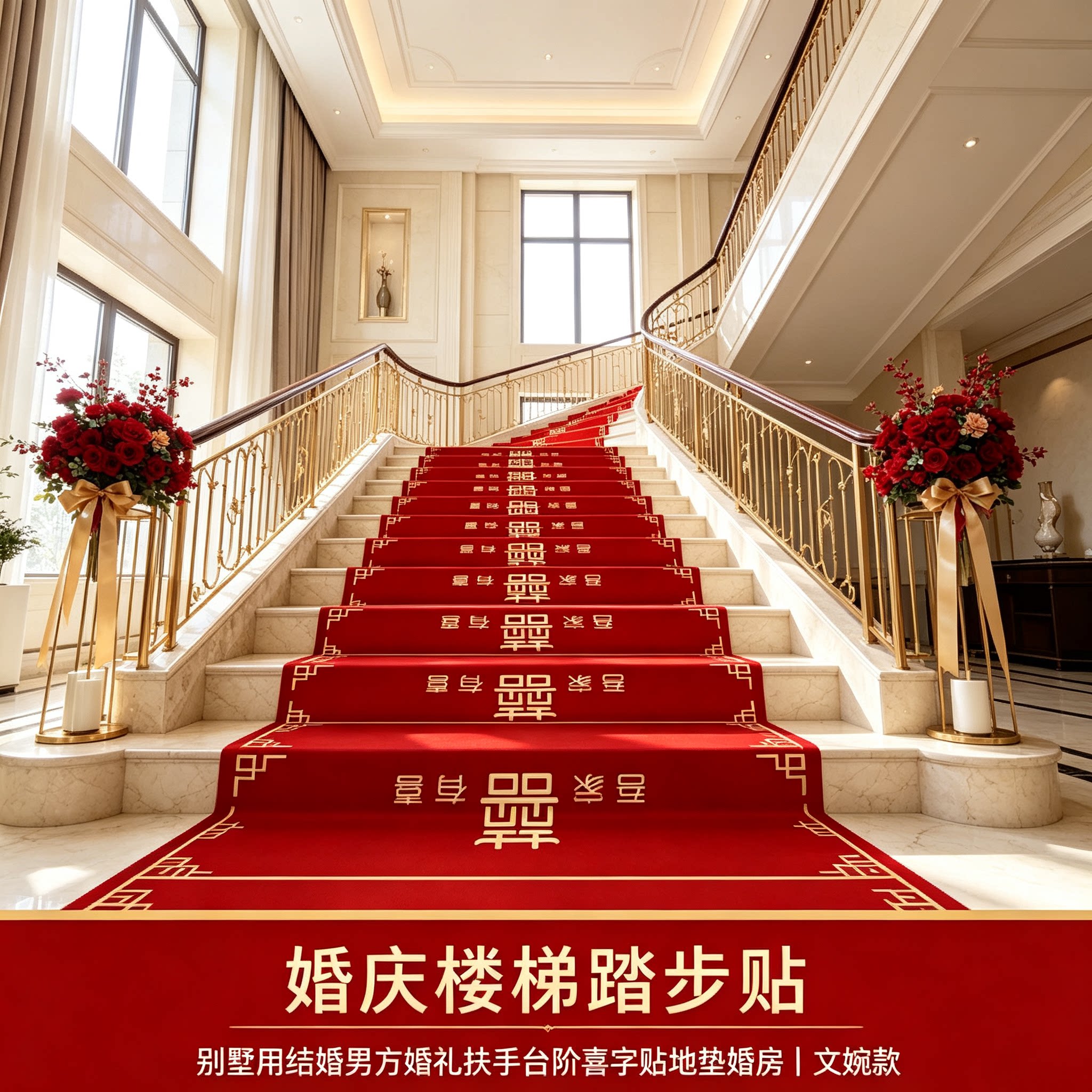 婚庆楼梯踏步贴复式楼结婚男方婚礼扶手台阶喜字贴地垫婚房