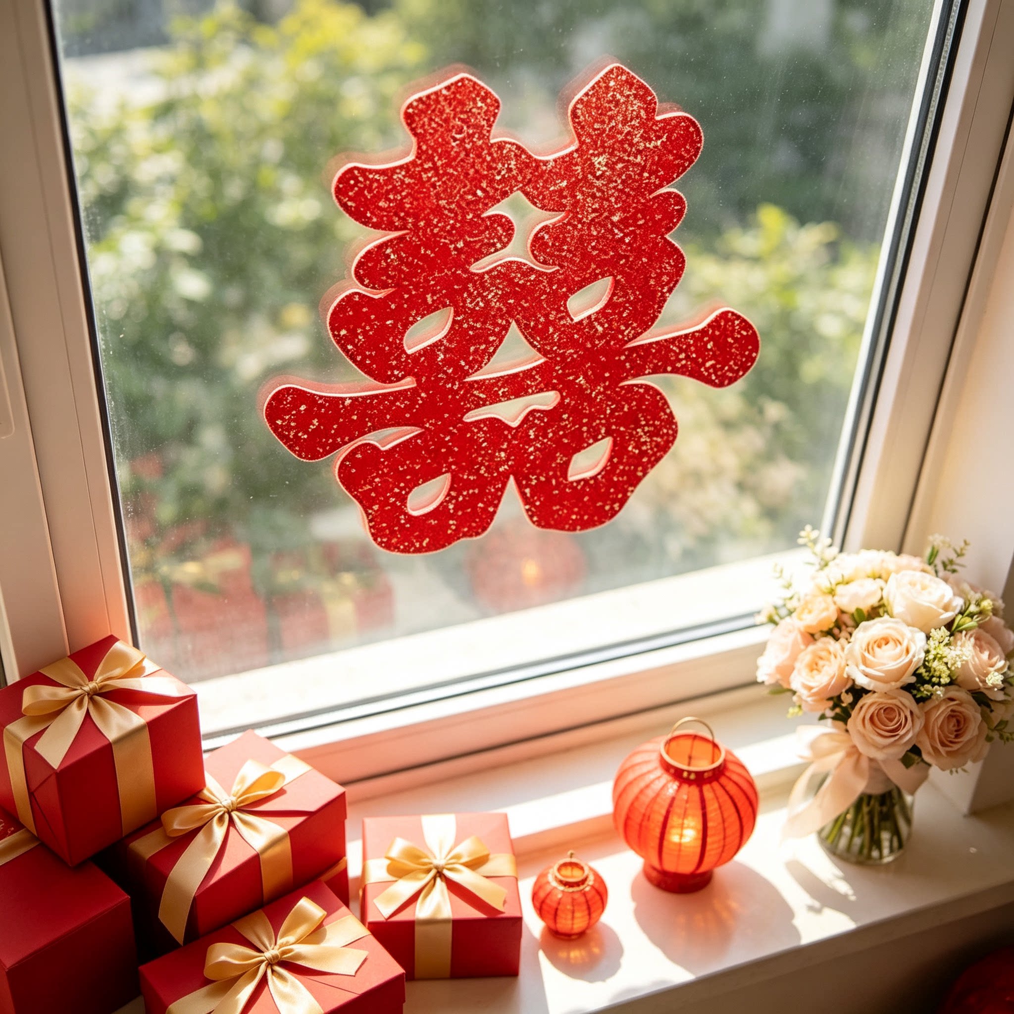 东方雅韵金葱闪粉囍字贴结婚大门玻璃窗贴婚房嫁娶高档婚庆摆件