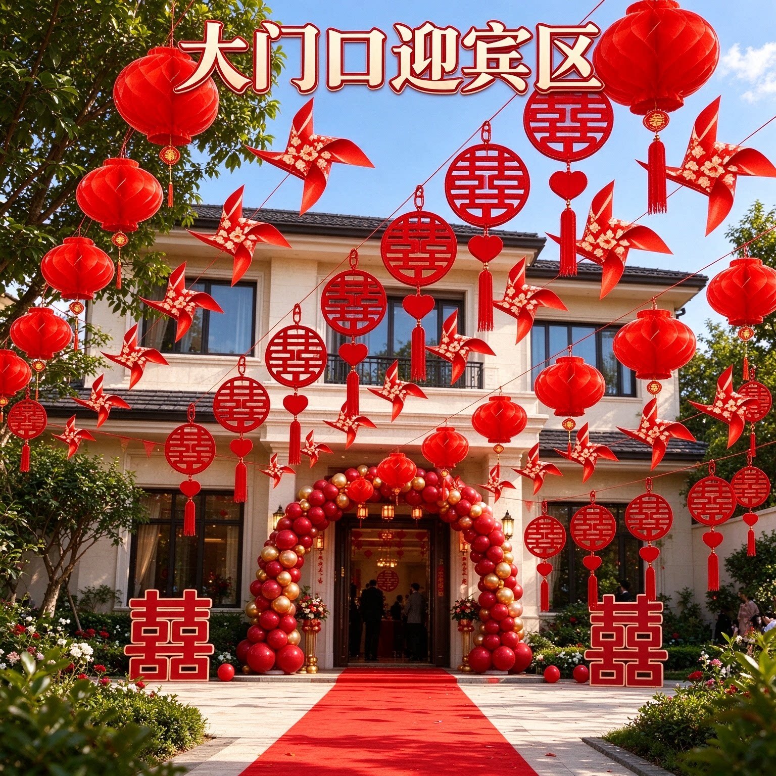 婚庆拉花彩带新娘家大门口彩旗灯笼风车氛围感院子婚礼布置装饰