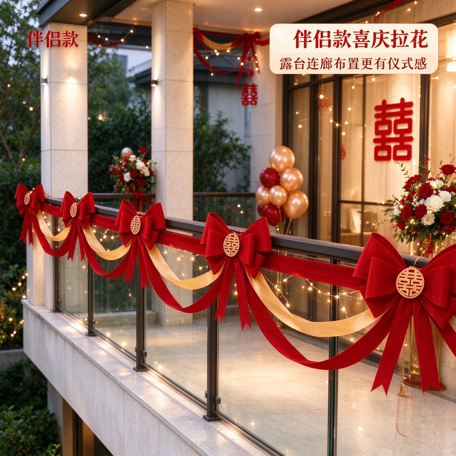 长条喜字女方单元门蝴蝶结高级感大红客厅背景墙婚房装扮布置用品