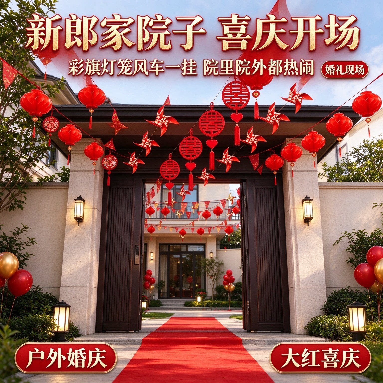 结婚院子装饰新郎家婚礼现场彩旗灯笼风车创意户外婚庆布置用品