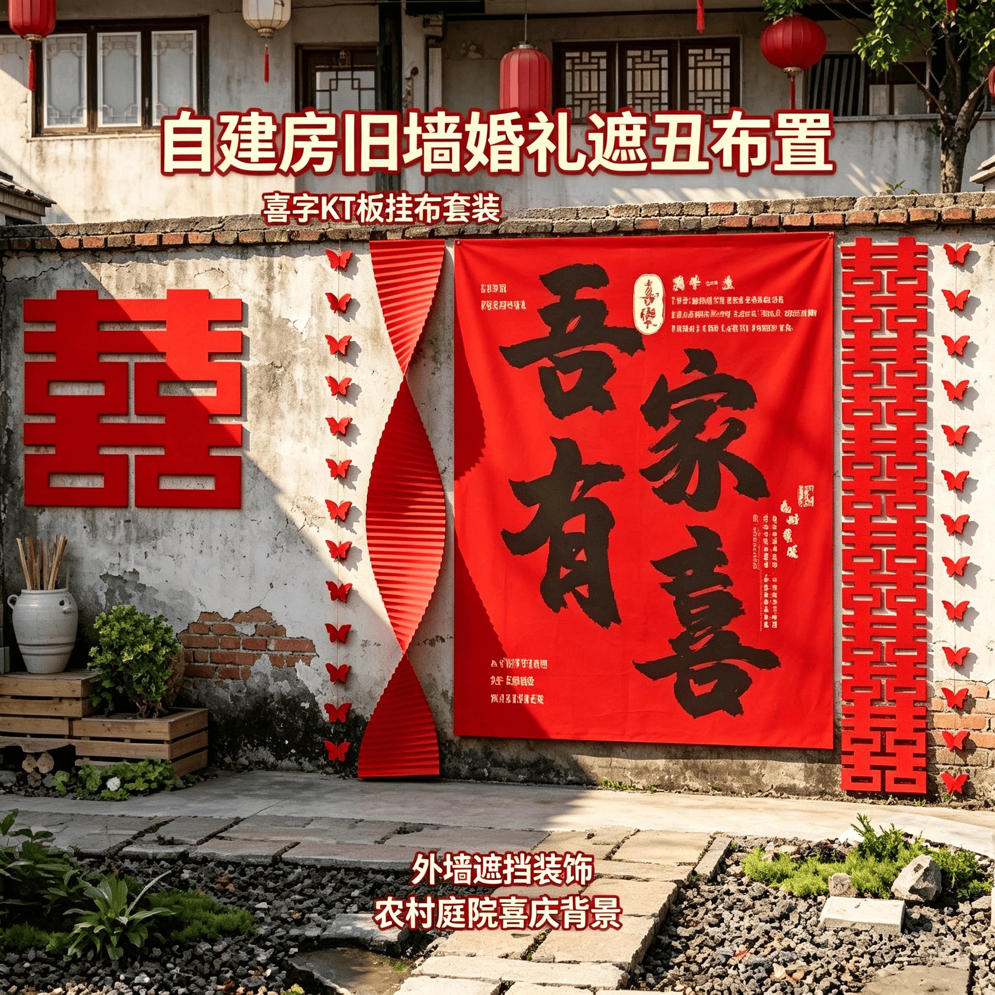 农村老旧墙体婚礼遮丑布置自建房庭院喜字KT板挂布外墙遮挡装饰