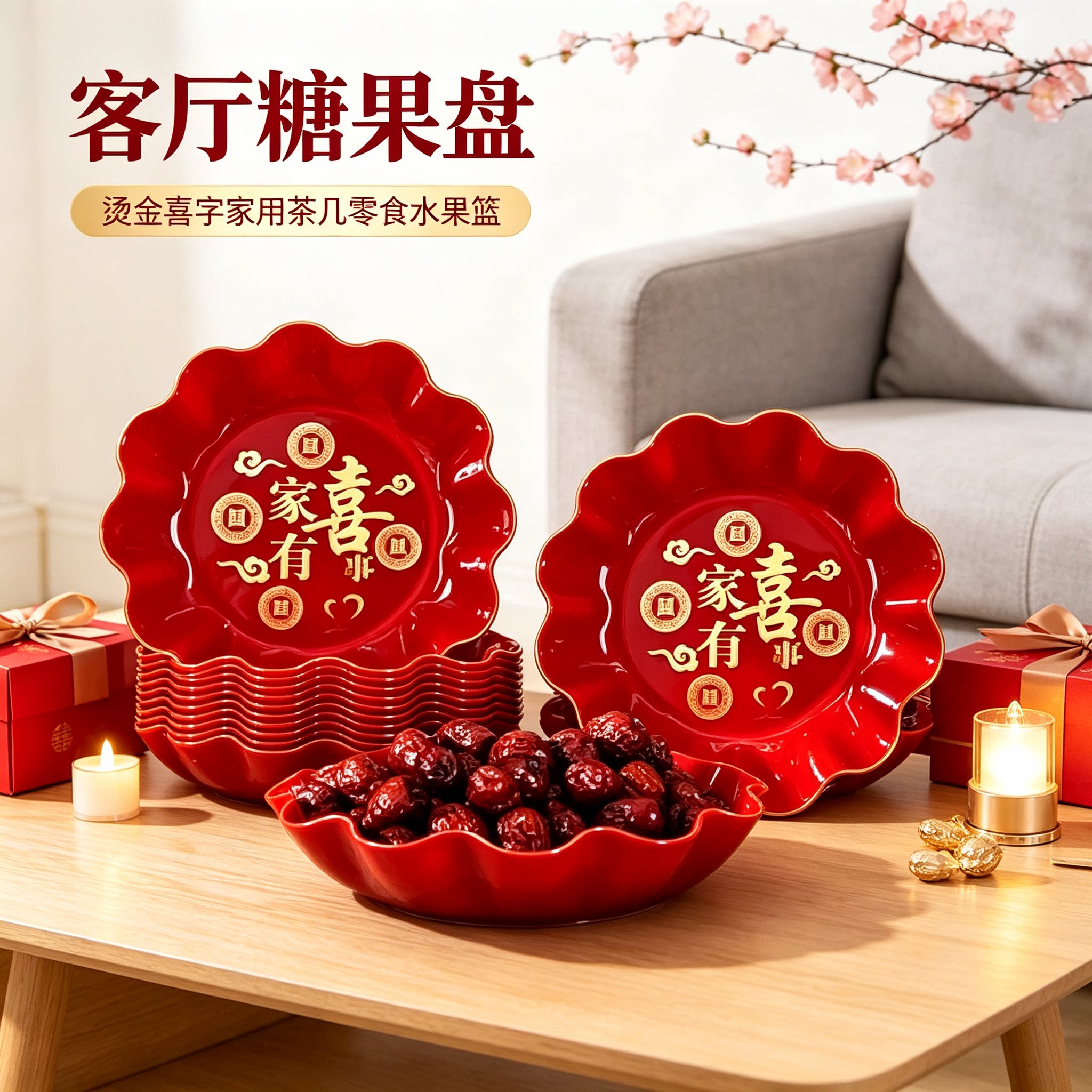 客厅糖果盘烫金喜字家用茶几零食水果篮结婚订婚婚礼装饰用