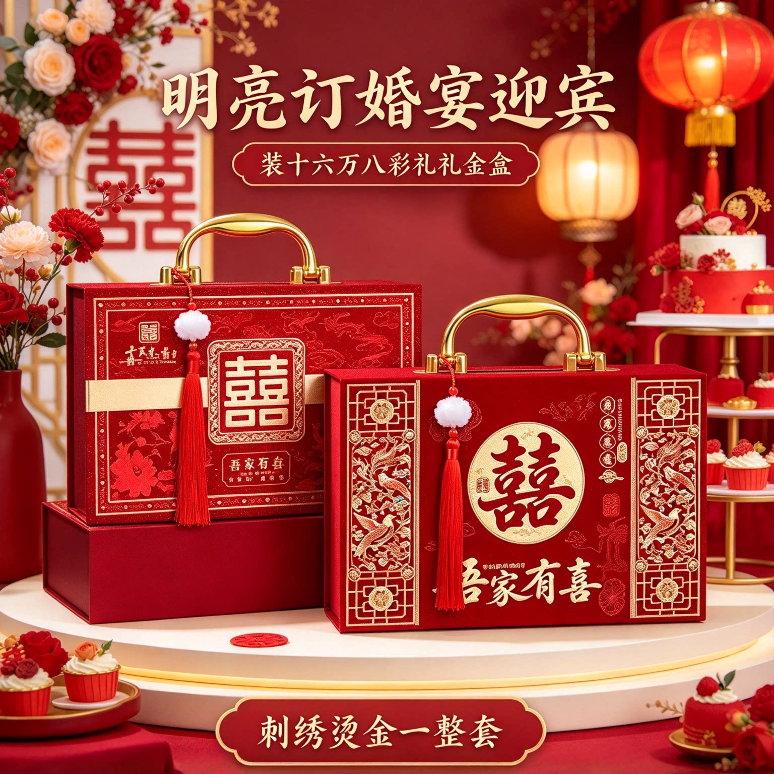 装彩礼钱的礼金盒子十六万八刺绣烫金一整套订婚宴大红厚礼现金箱