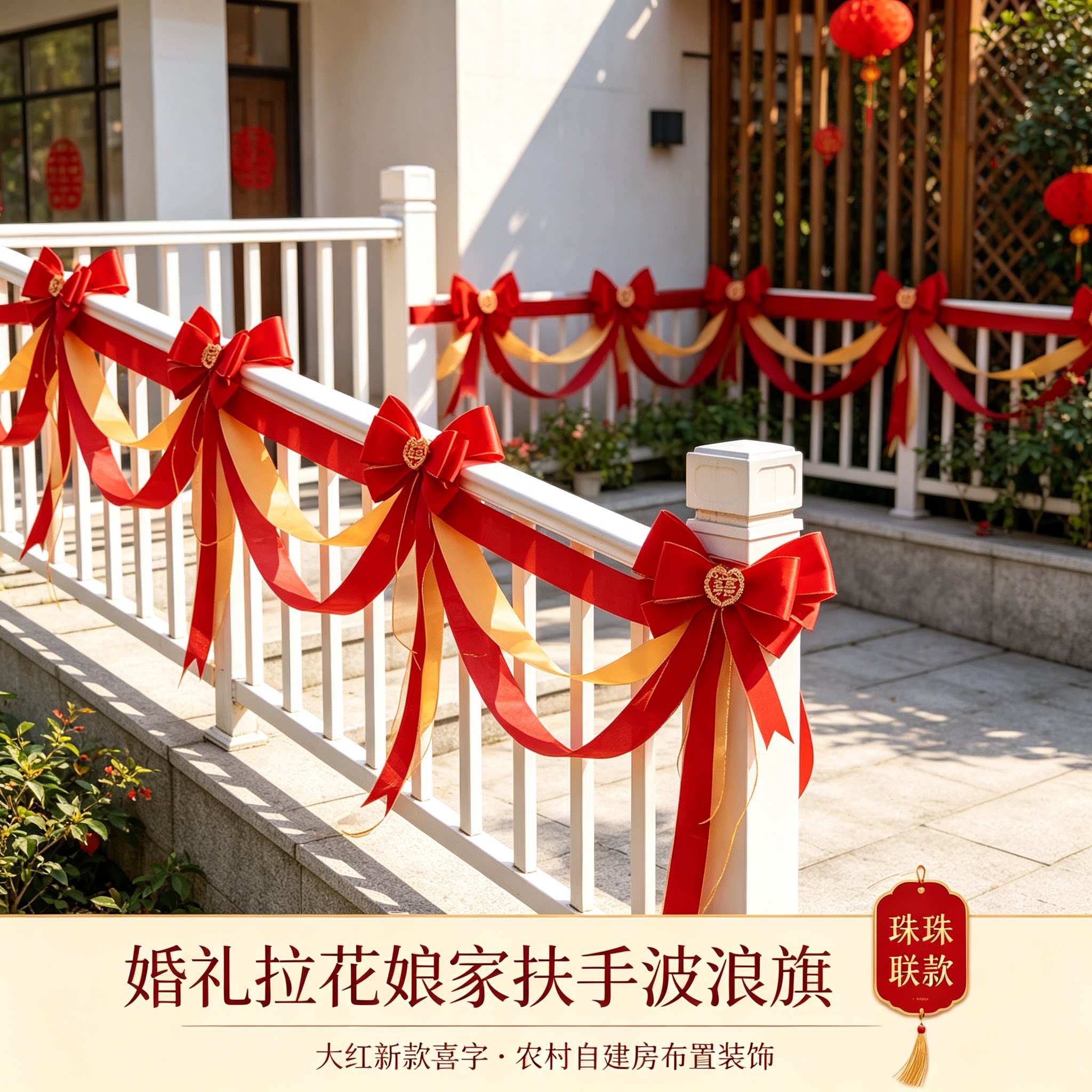 婚礼拉花娘家扶手波浪旗大红新款喜字农村自建房布置装饰装扮用品