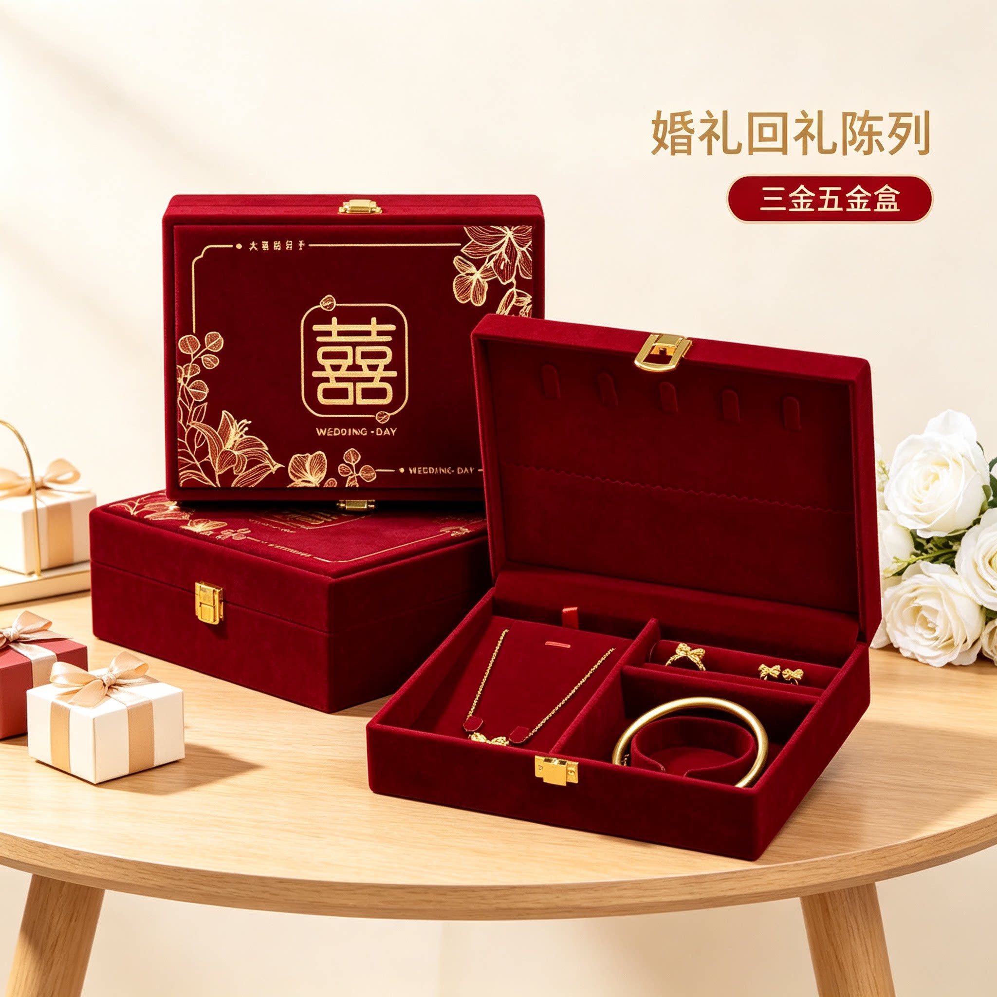 酒红彩礼盒男方金器订婚结婚黄金首饰盒子质感婚礼三金五金盒