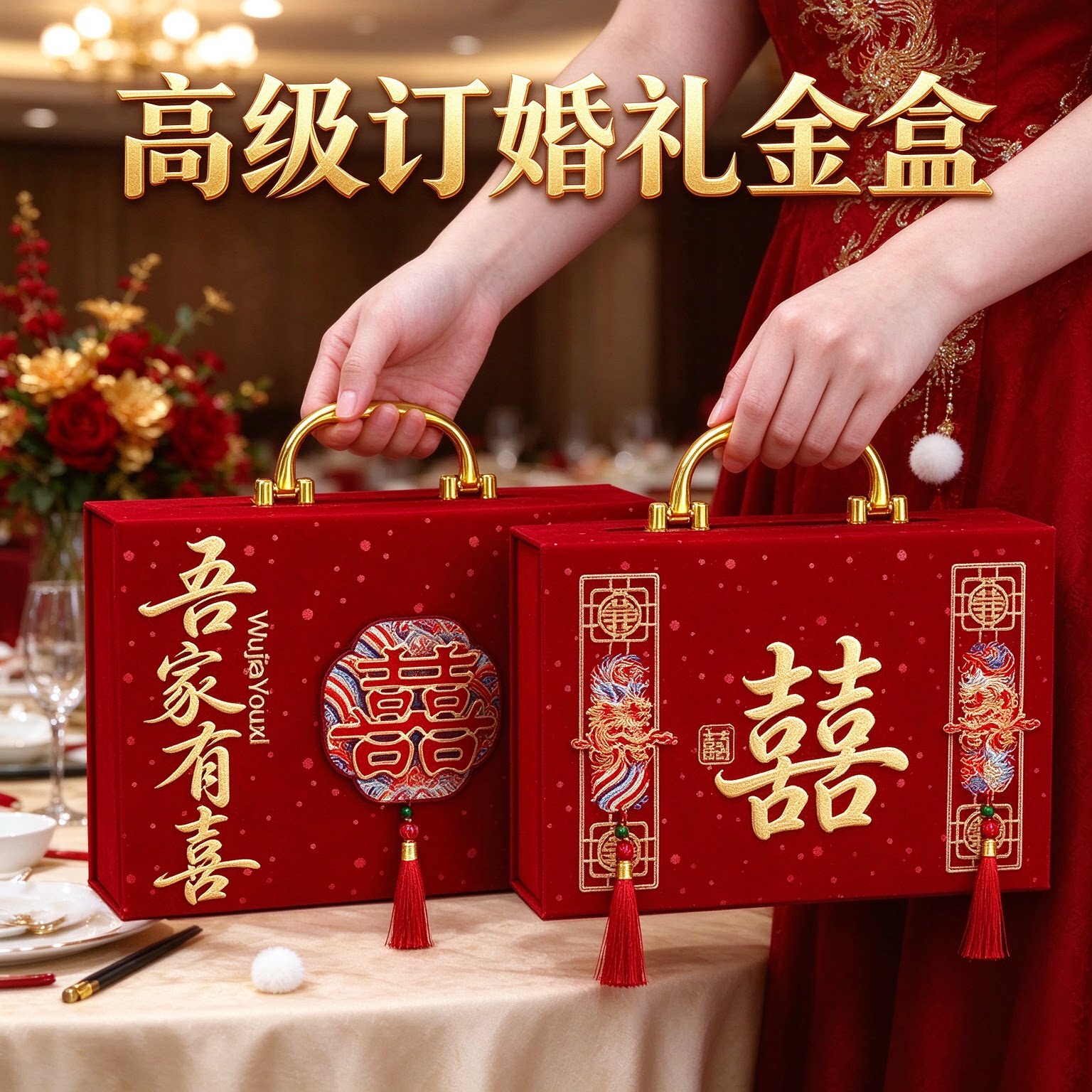 彩礼现金礼盒高级感装十万龙凤呈祥五件套婚礼仪式红色聘礼钱盒子