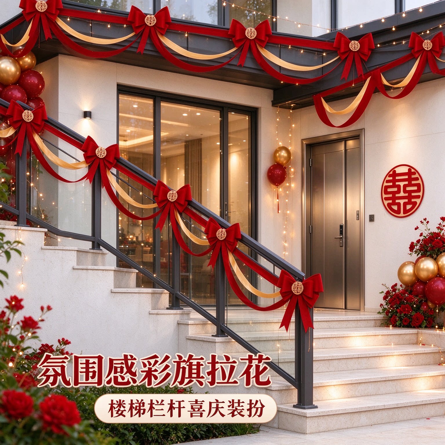 拉花彩带别墅农村蝴蝶结氛围感彩旗楼梯扶手婚庆装饰婚礼场景布置