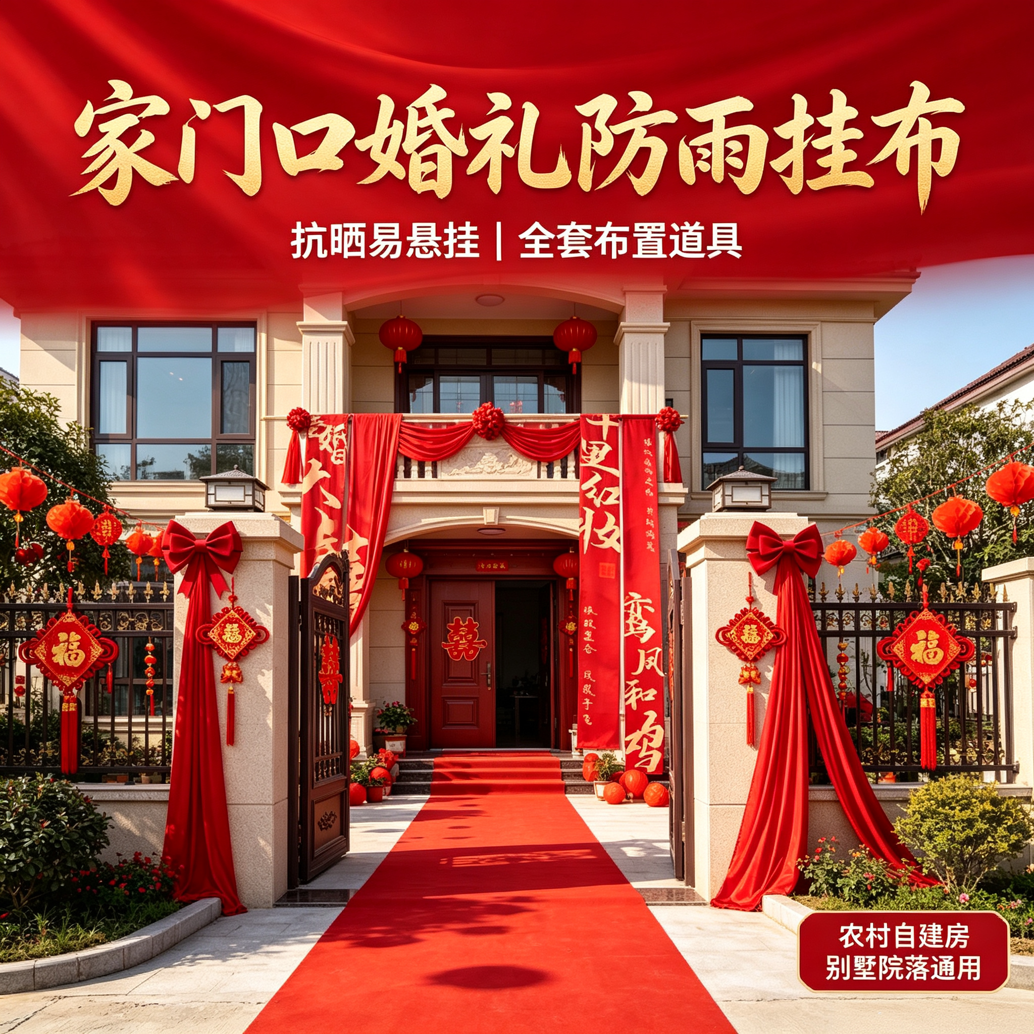 乡村别墅自建房结婚大门口挂布条幅院落婚礼含灯笼气球防雨全套