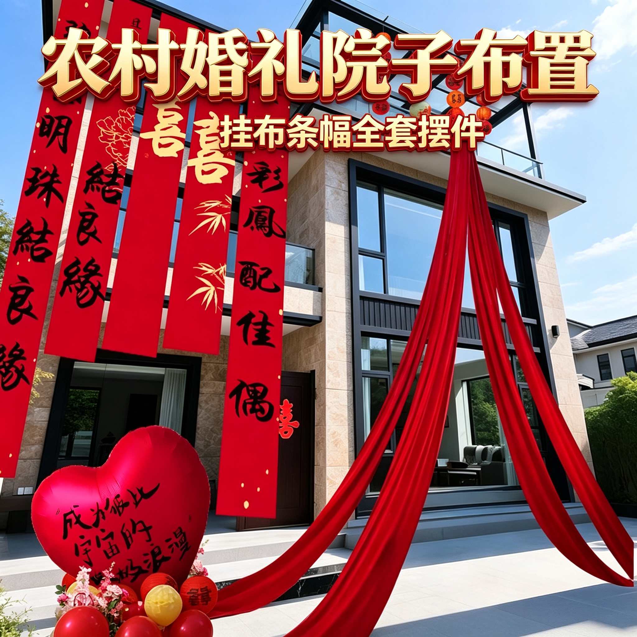 农村婚礼院子外景布置挂布条幅别墅自建房结婚户外喜字拉花全套