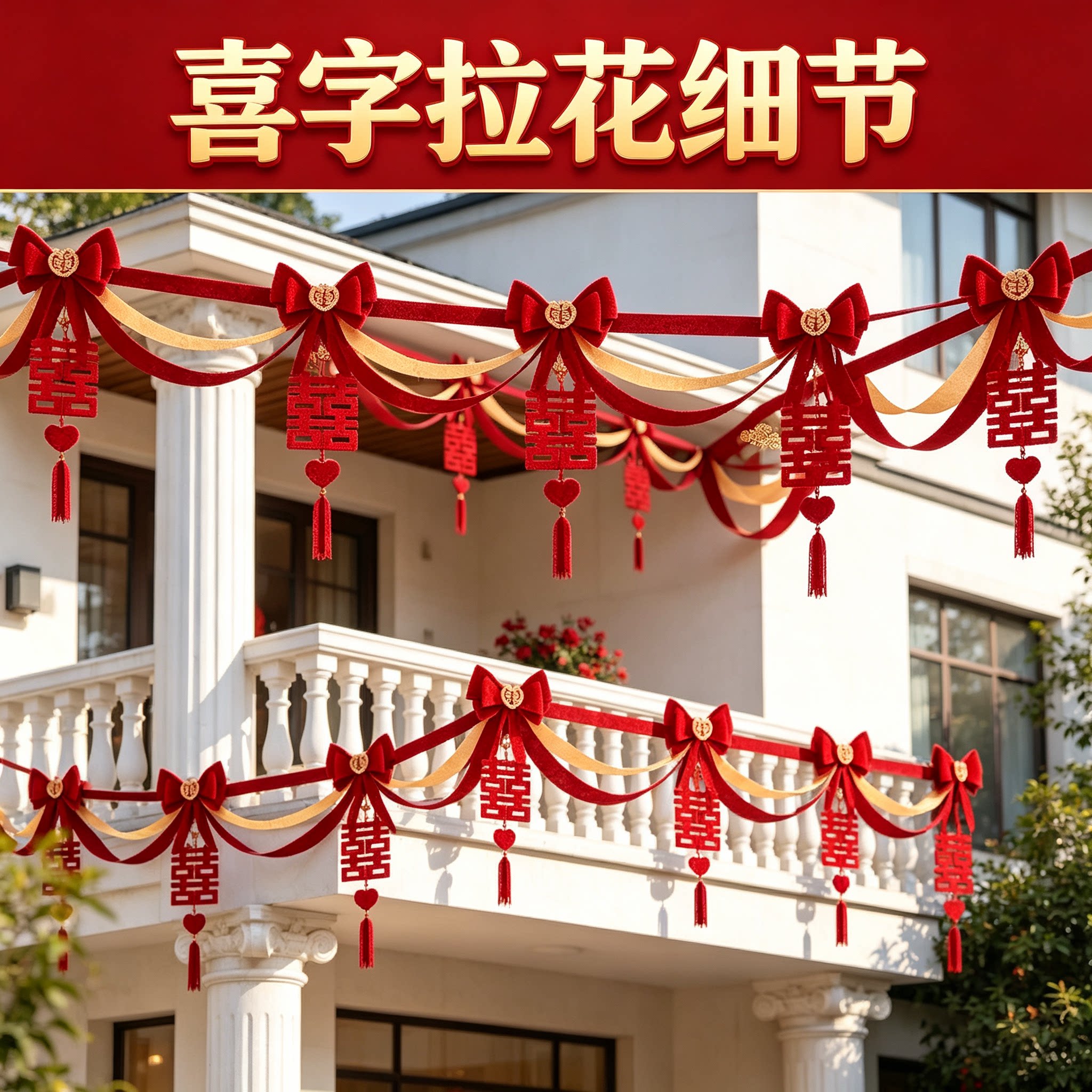 婚礼拉花男方院门波浪旗新款大红喜字客厅背景墙婚庆装饰装扮用品