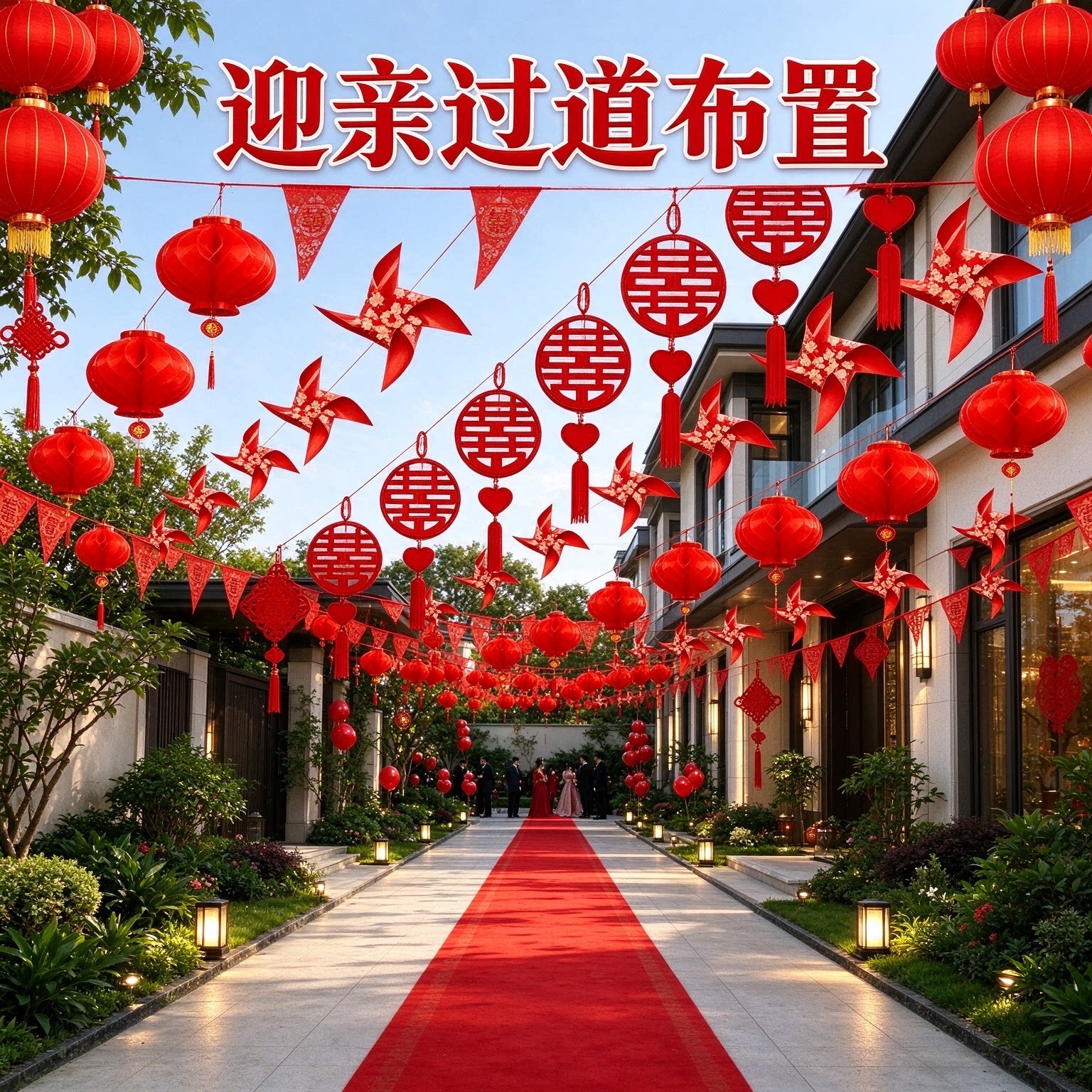 结婚彩带拉花新郎家别墅院子40个灯笼喜庆大红户外婚礼布置装饰