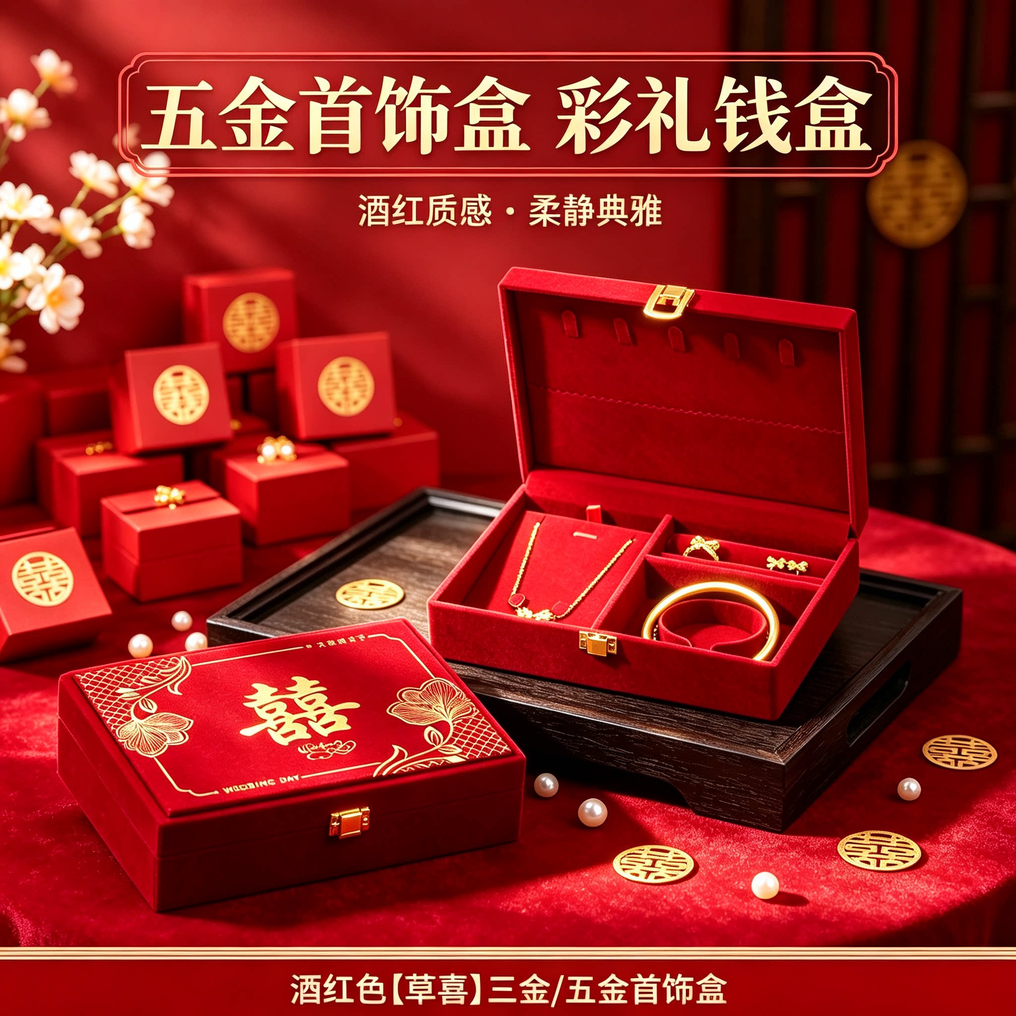 订婚黄金首饰盒放五金男方金器结婚彩礼钱盒子酒红质感三金盒