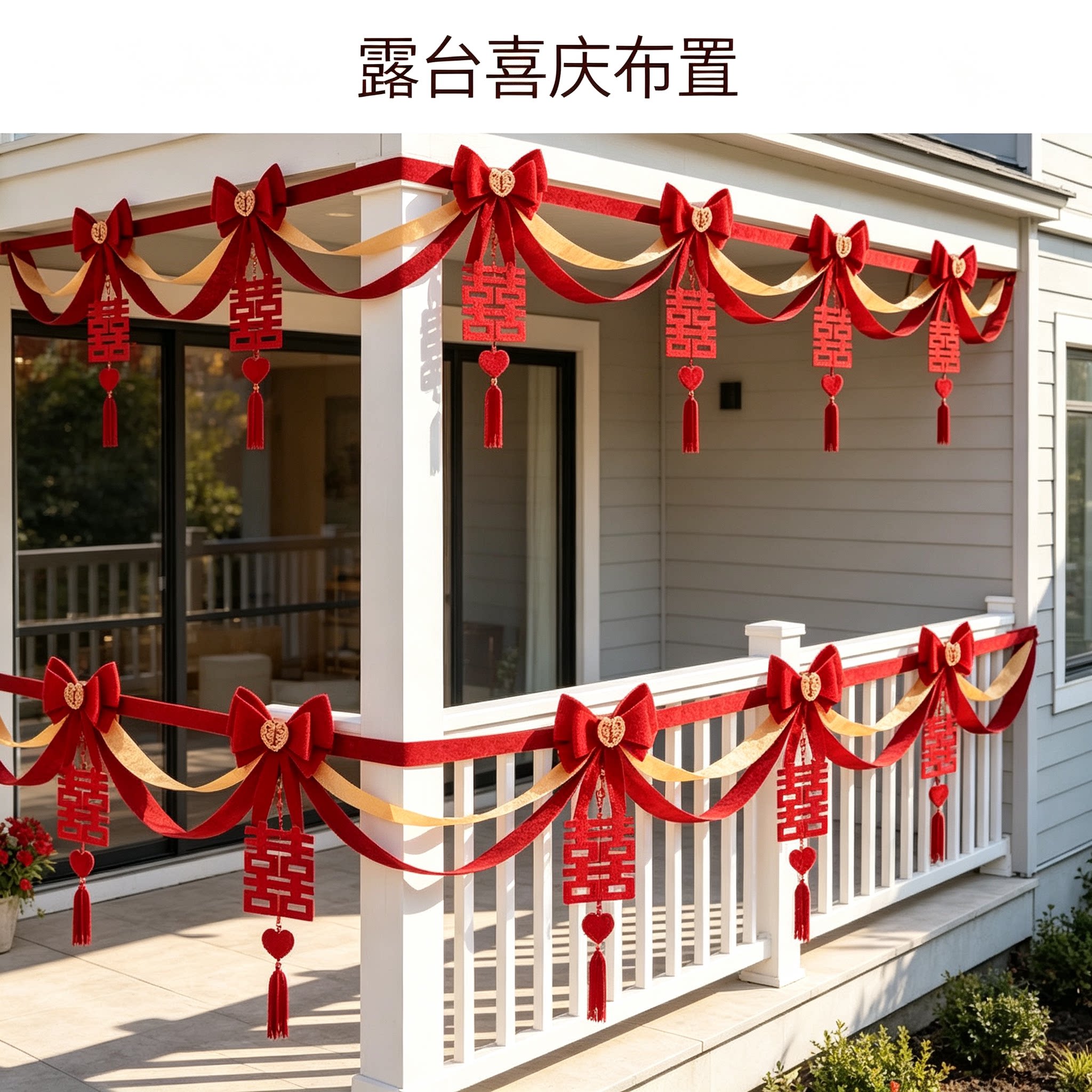 婚房装饰出嫁室外蝴蝶结简约大红喜字农村自建房场景布置拉花用品