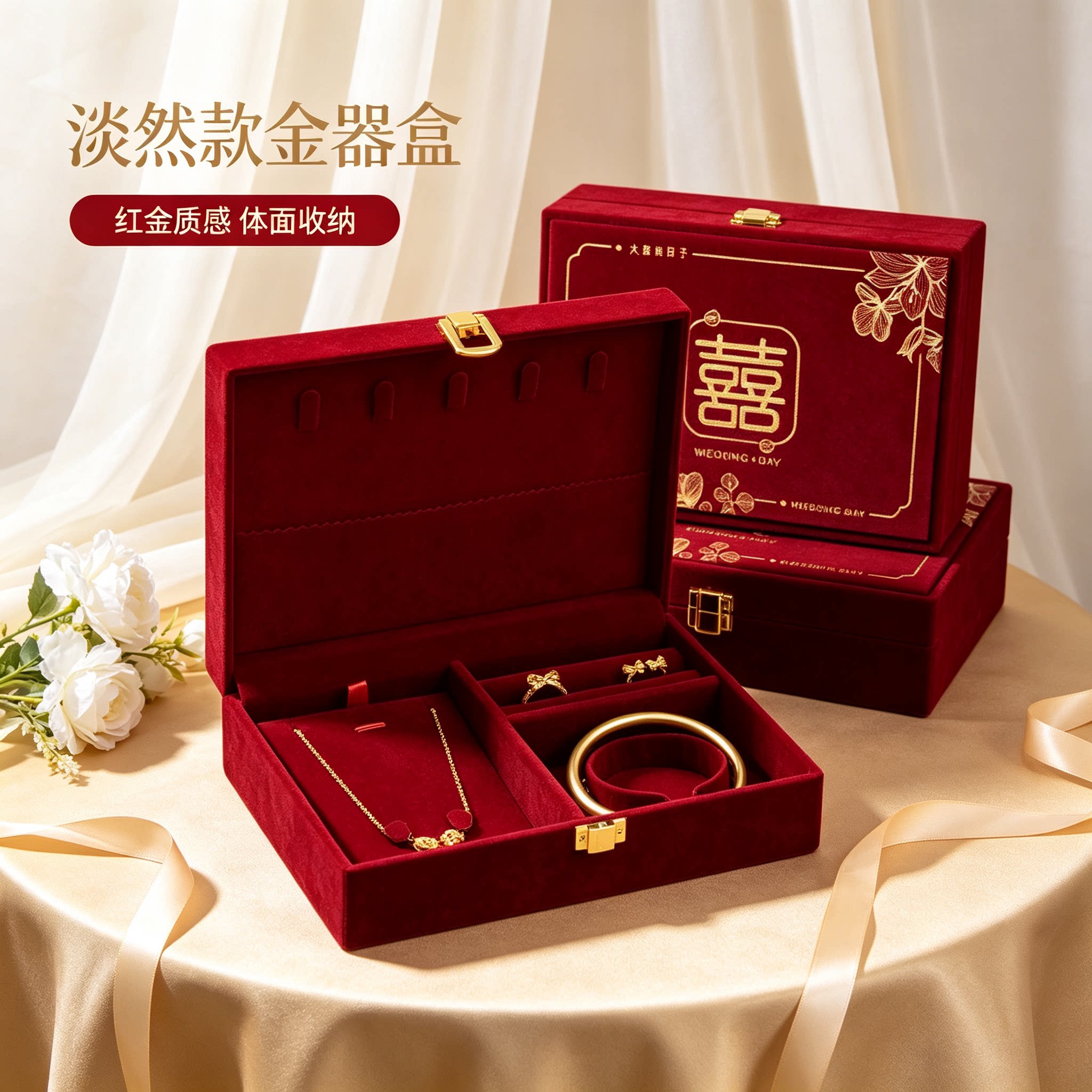 订婚黄金首饰盒男方金器结婚彩礼钱盒子酒红高级感婚礼三金五金盒