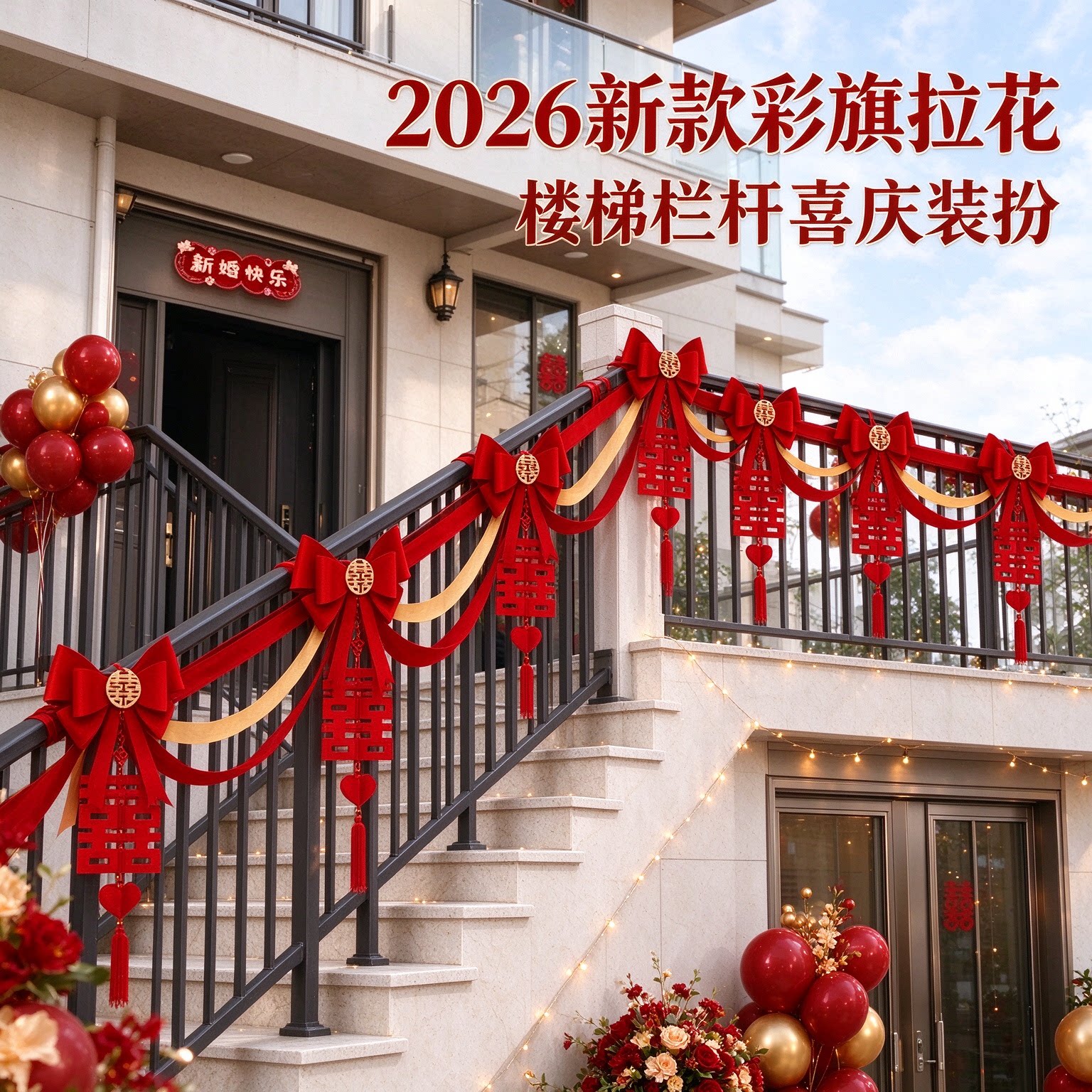 婚庆用品男方背景墙喜字2026新款彩旗阳台栏杆婚房装扮婚礼装饰品