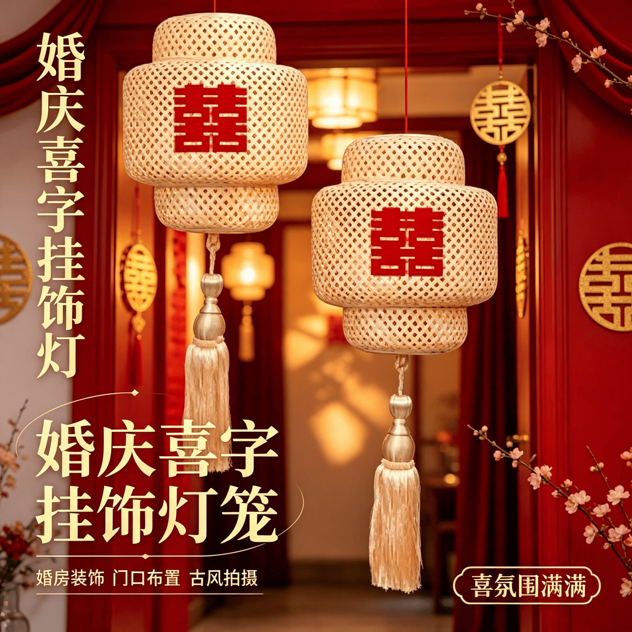 婚庆喜字灯笼禅意喜字竹编灯笼