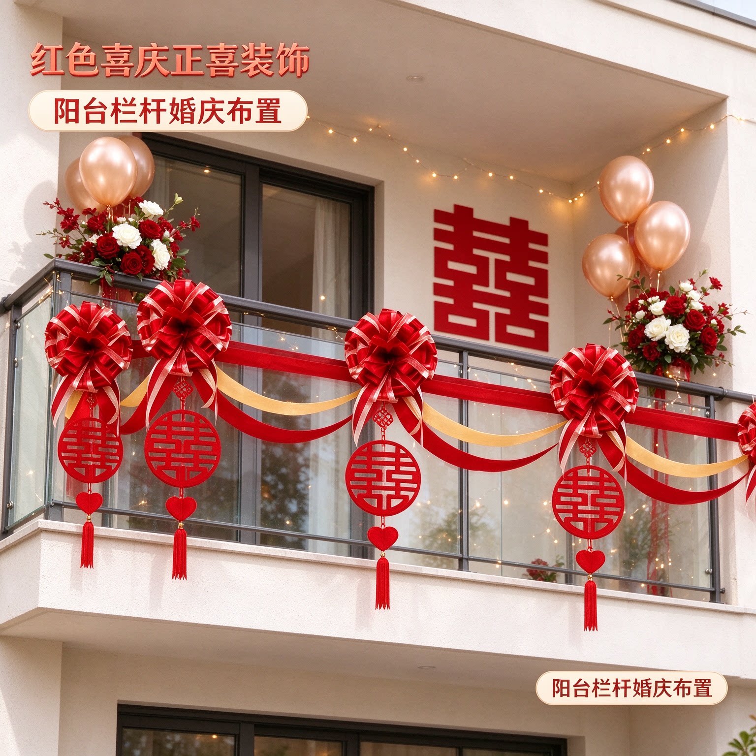 彩带拉花男方庭院波浪旗正喜红色喜庆农村自建房场景布置婚庆装饰