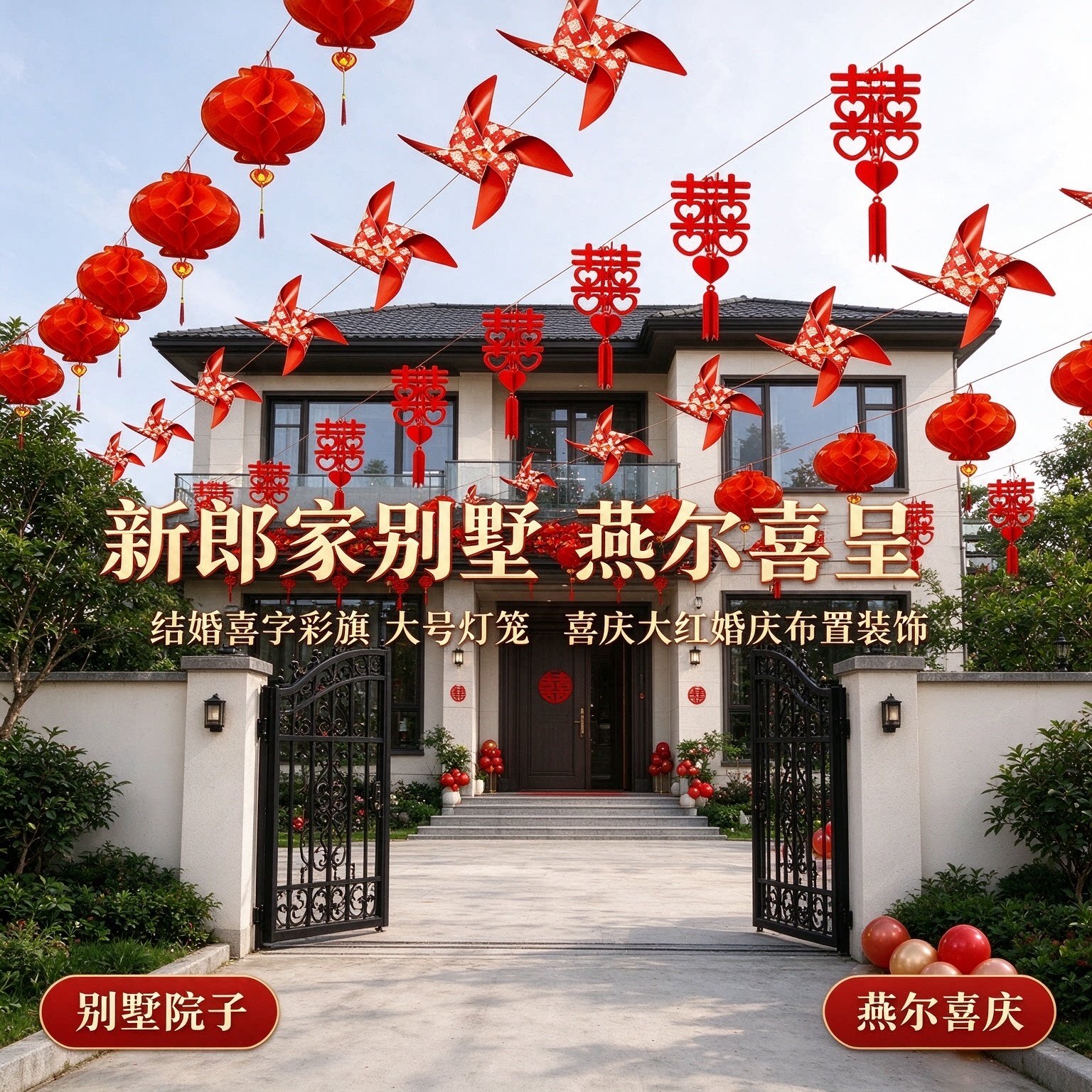 结婚喜字彩旗新郎家别墅院子大号灯笼喜庆大红婚庆布置装饰用品