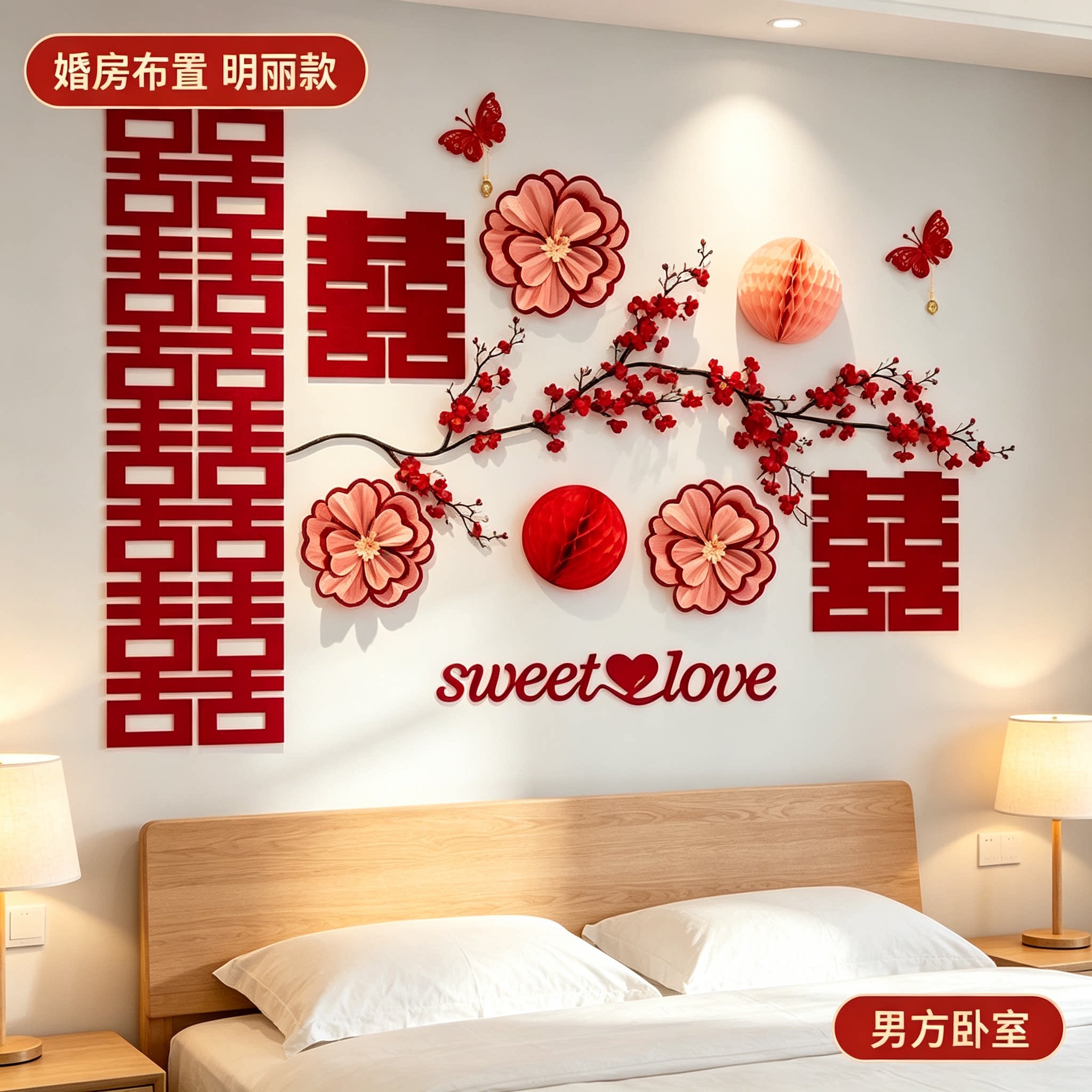新房布置男方卧室沙发结婚客厅背景墙装饰婚庆用品大全